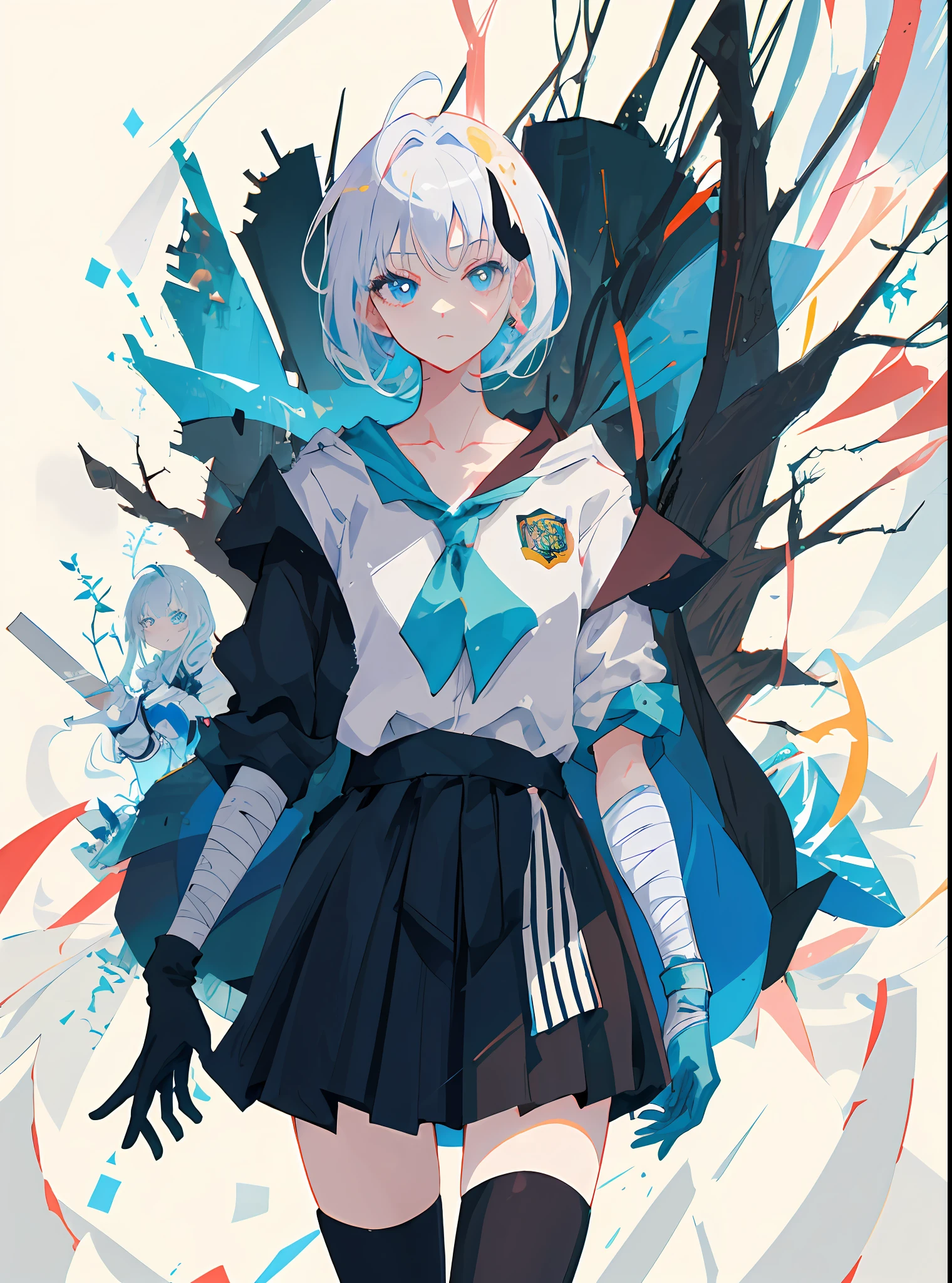 master masterpiece，high quallity，1girl，A female investigator wears a student uniform，anime girl with white hair and black gloves walking through a forest, artwork in the style of guweiz, anime lush john 8k woods, anime cover,detailed anime character art, anime style 4 k, The character depiction is very detailed，The female investigator in the picture has multiple scars，He was wrapped in bandages，It gives a terrifying feeling that the female investigator wears a jacket，The whole image is very nuanced。