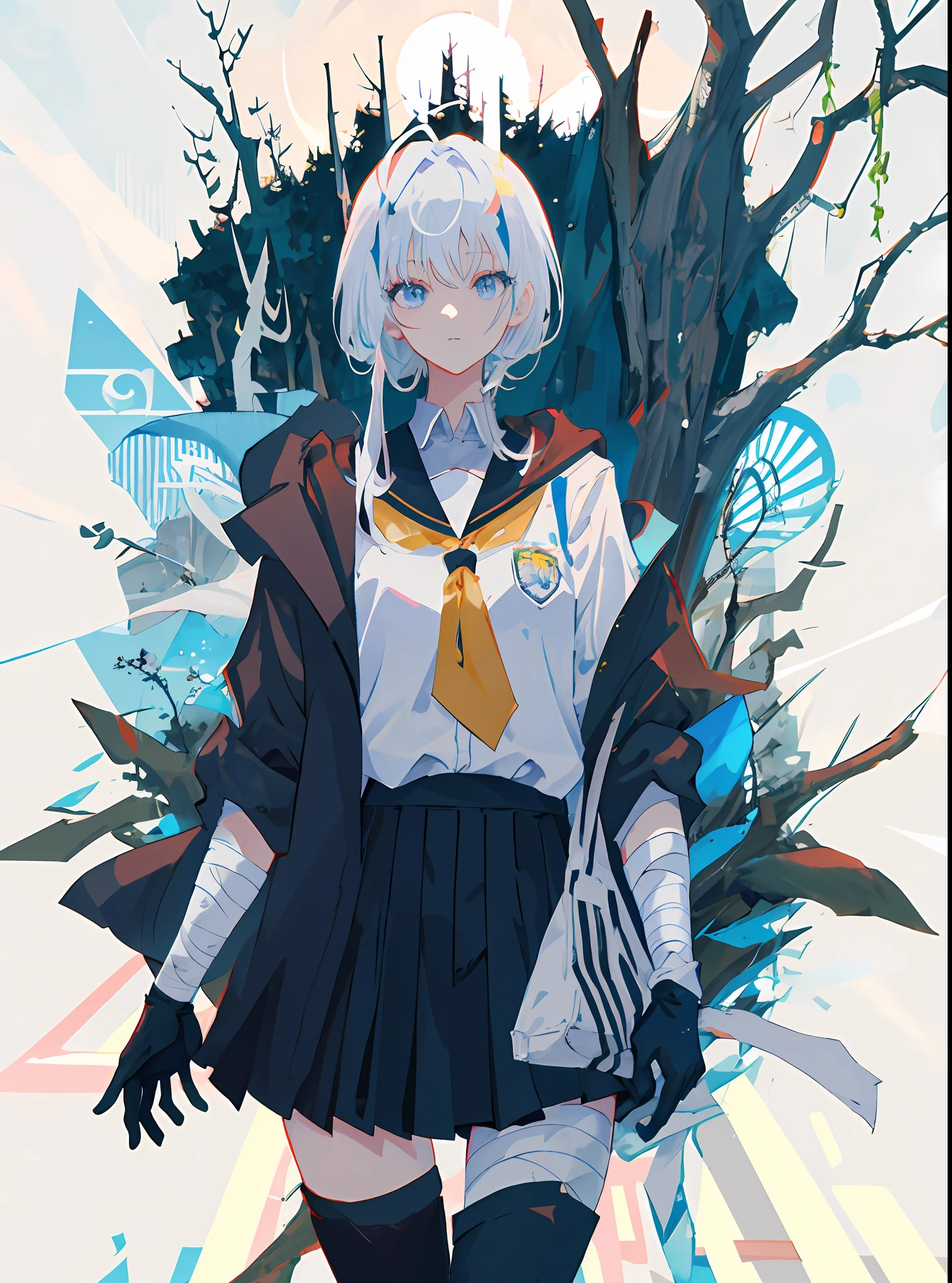 master masterpiece，high quallity，1girl，A female investigator wears a student uniform，anime girl with white hair and black gloves walking through a forest, artwork in the style of guweiz, anime lush john 8k woods, anime cover,detailed anime character art, anime style 4 k, The character depiction is very detailed，The female investigator in the picture has multiple scars，He was wrapped in bandages，It gives a terrifying feeling that the female investigator wears a jacket，The whole image is very nuanced。