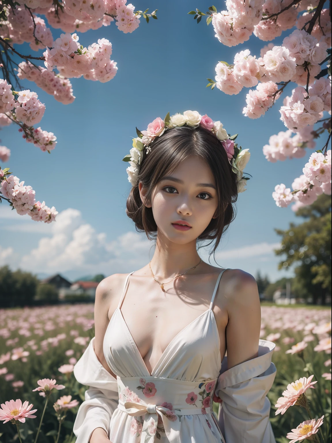 best best quality, bust,Refined face,pretty faces,20岁女生,Slim Figure,Smaller bust,open shoulders,Long robe,schoolyard,grass field,Multicolored flowers