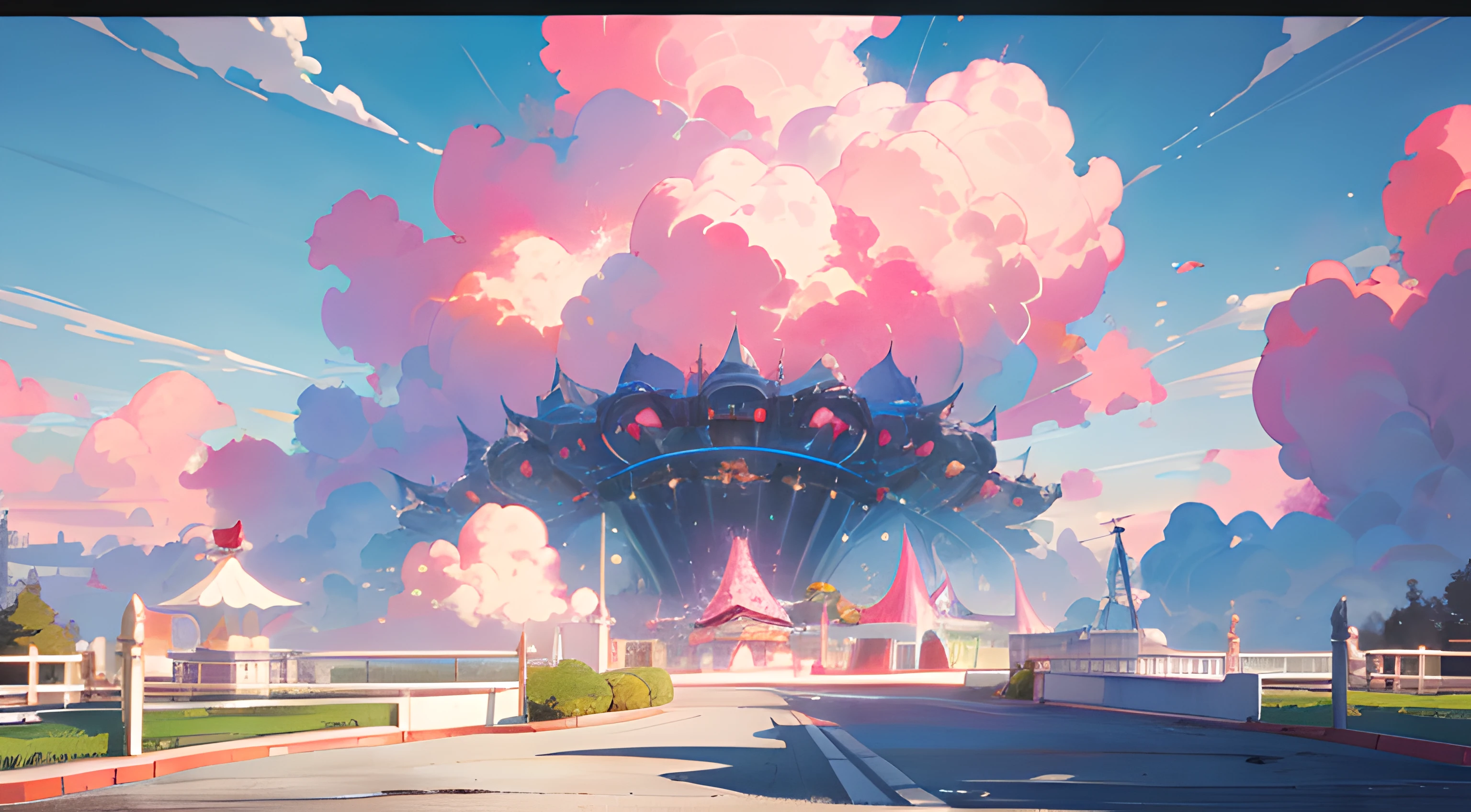 A game scene screen,The main color of pink,(Amusement Park),(fluffy pink anime clouds:0.8),fantastical atmosphere ,Perfect quality,Crisp focus,colorfulness,Detailed details background art, A colorful world,super high definition,A masterpiece,Wide Shot --v 6