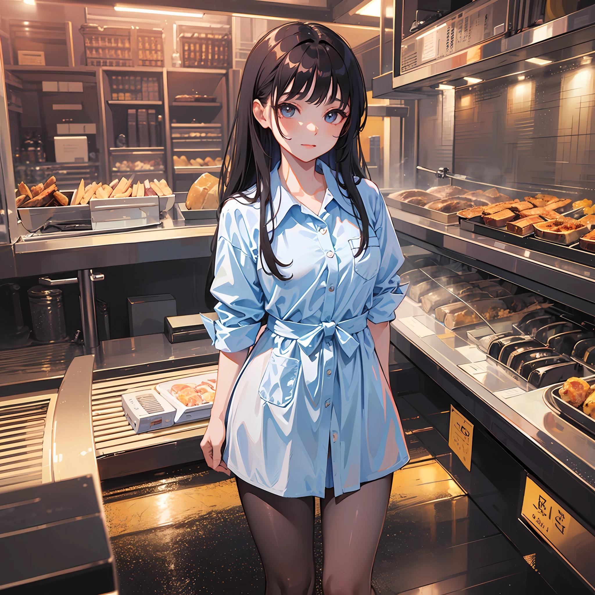 A girl works at a barbecue restaurant at night,(Wearing a light blue shirt dress:1.4),long dark hairs,Qi bangs。(FULL BODY:1.4) ,master masterpiece,8K,ultra hd picture quality