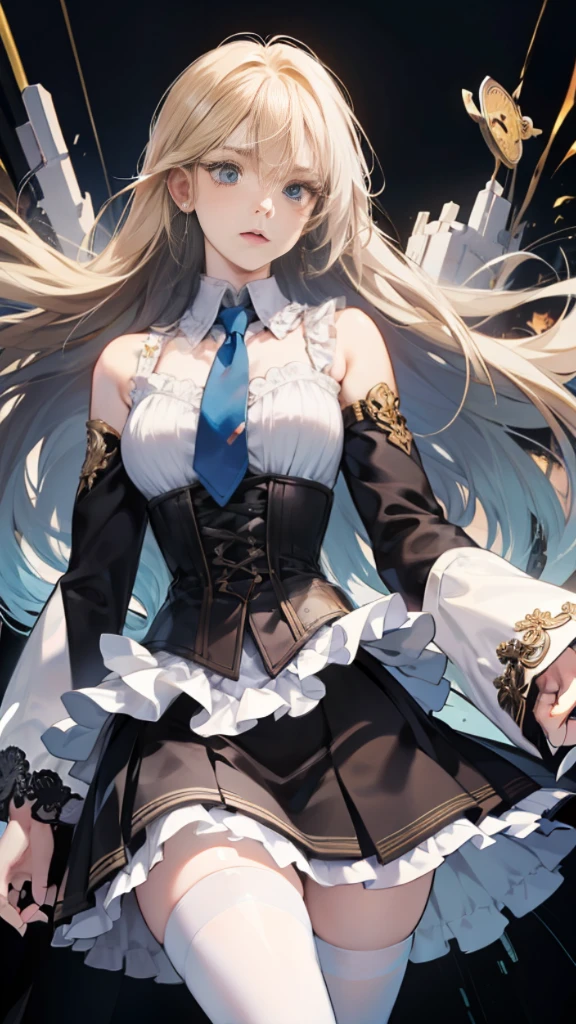 Nadakh,RAW,(Complex detail),1女孩,solo,pale,Poker face,gold long hair,(Black corset strap cotton dress:1.1),Long white sleeves, layered collar, plain lining+Necktie+Slip A-line skirt,black hoses,HIGH HEELS,Belt slim waist,(Dark Fantasy:1.2),(Last boss:1.25),White horror theme,Grandeur,((Fantastic illustrations)),(Detailed splash),