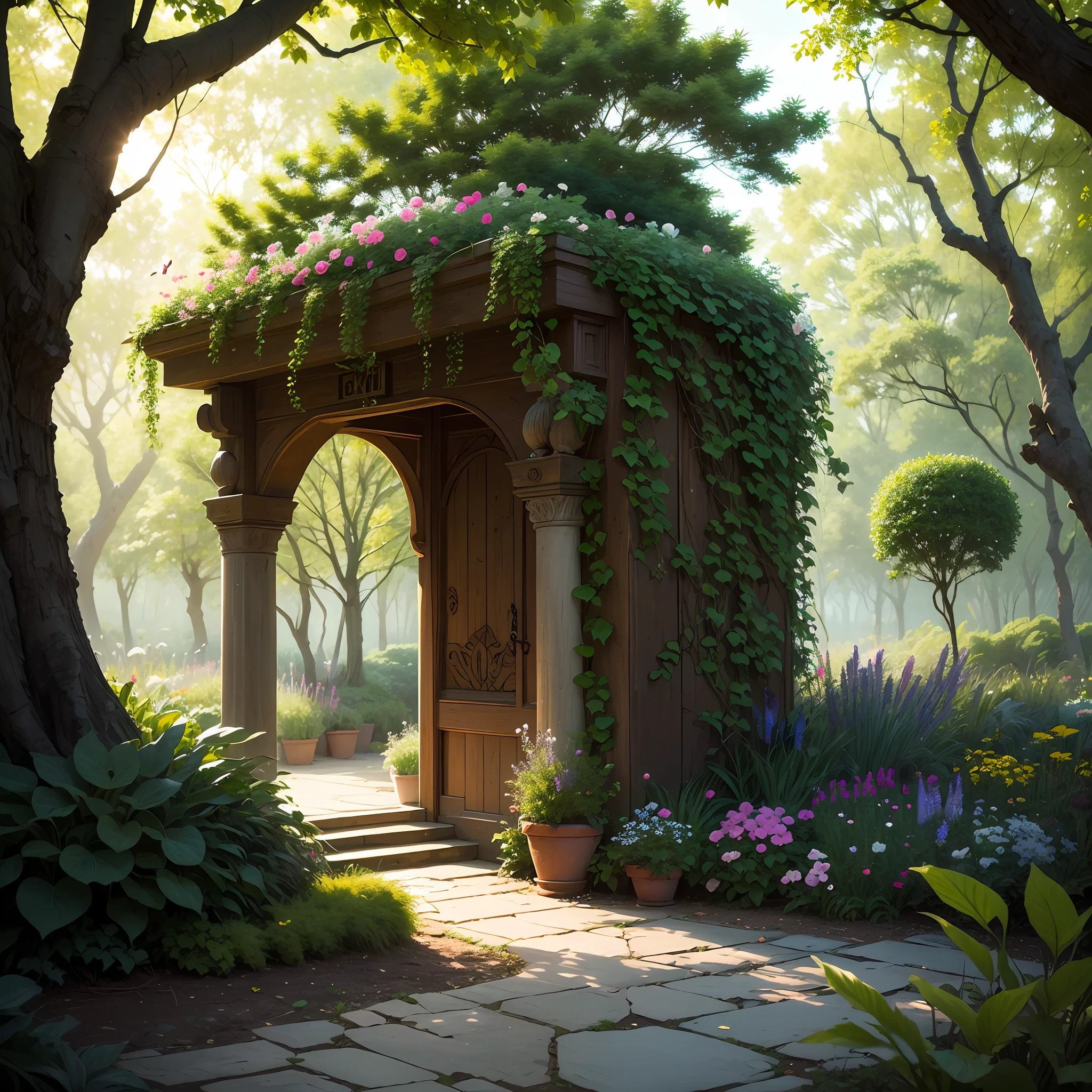 Enchanting garden: A lush and vibrant oasis filled with blooming flowers, cascading vines, and majestic trees. The garden is teeming with life, as butterflies flutter among the petals and birds sing from the branches. Sunlight filters through the foliage, casting a soft, warm glow on the scene. The garden evokes a sense of tranquility and serenity, inviting viewers to immerse themselves in its beauty. 8K UHD, rich colors, intricate details, and a harmonious balance of nature. --auto
