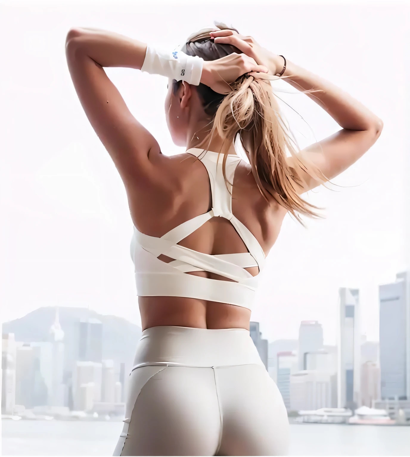 beautiful woman in white sports bra top and leggings looking out a bright blue shimmering ocean, sport bra and shirt, two piece workout clothes, sport bra, detailed sports bra, cute sportswear, sports bra, smooth white tight clothes suit, training bra, sport bra and shorts, sports clothing, back pose, white bra, white halter top, back arched, trendy white clothing, hyper detailed,SUMMER DAY, outdoors, bright blue sky,
