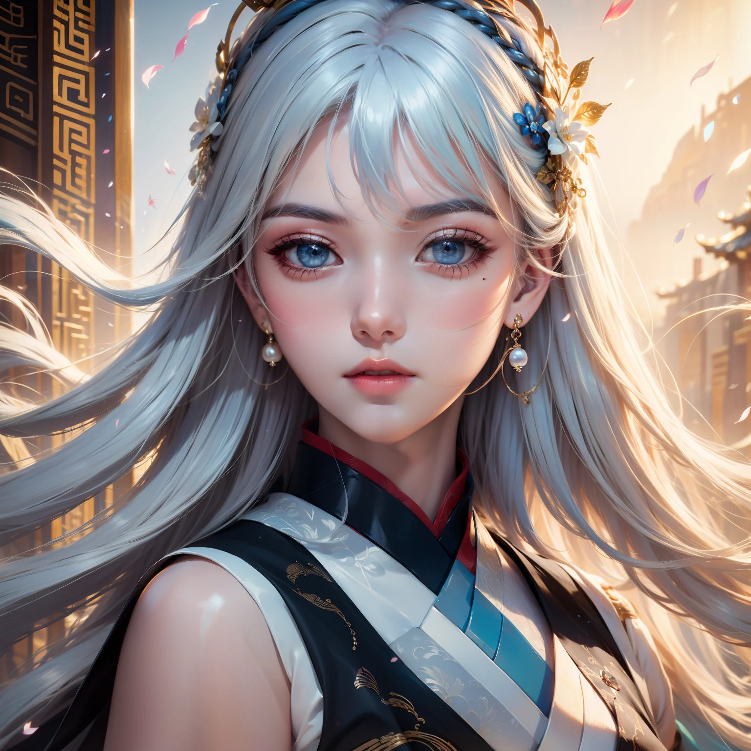 Mature girl, blue eyes, blue-white hair color, floating hair, delicate and flexible eyes, intricate damask hanfu, gorgeous accessories, wearing pearl earrings, masterpiece, ancient Chinese architecture, flower petals flying, front portrait lens, side light, sunlight on people, 8K