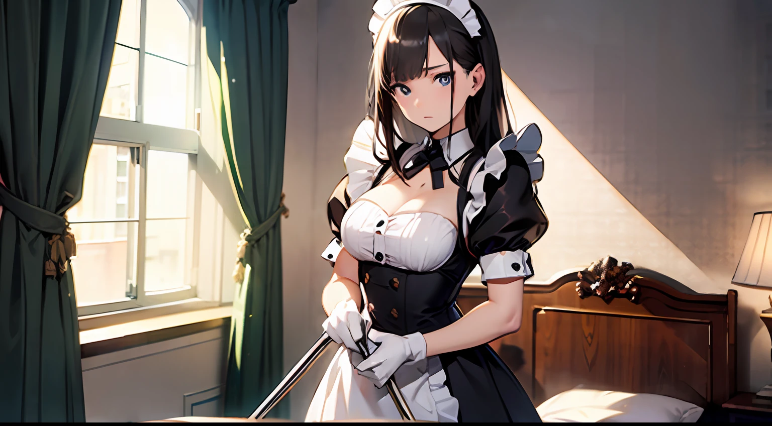 master masterpiece,Best quality,The maid cleans,The expression is arrogant,In the bedroom