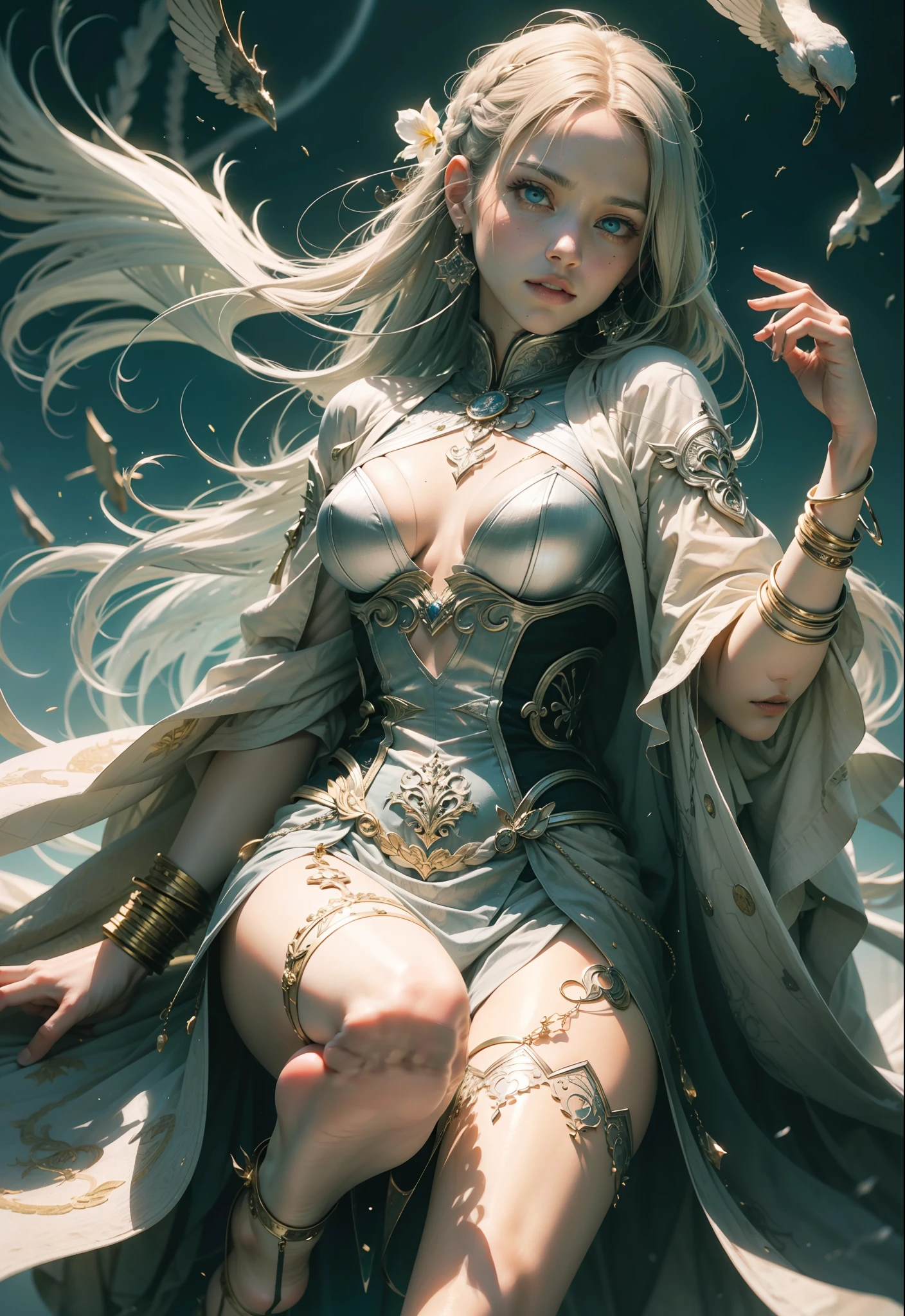 asuna、(ultra Realistic), (An illustration), (Highres), (8K), (highlydetailed), (the best illustration), (Beautiful Detailed Eyes), (beste Quality), (Super Detailed), (Master peace、), (Wallpapers), (Detailed Face), solo, 1人の女の子, Aristocratic dresses、White hair, Iris heterochromatic eyes, small moles under eye, medium chest, Long legs、Stunning composition、Foot braids、Beautiful and detailed legs