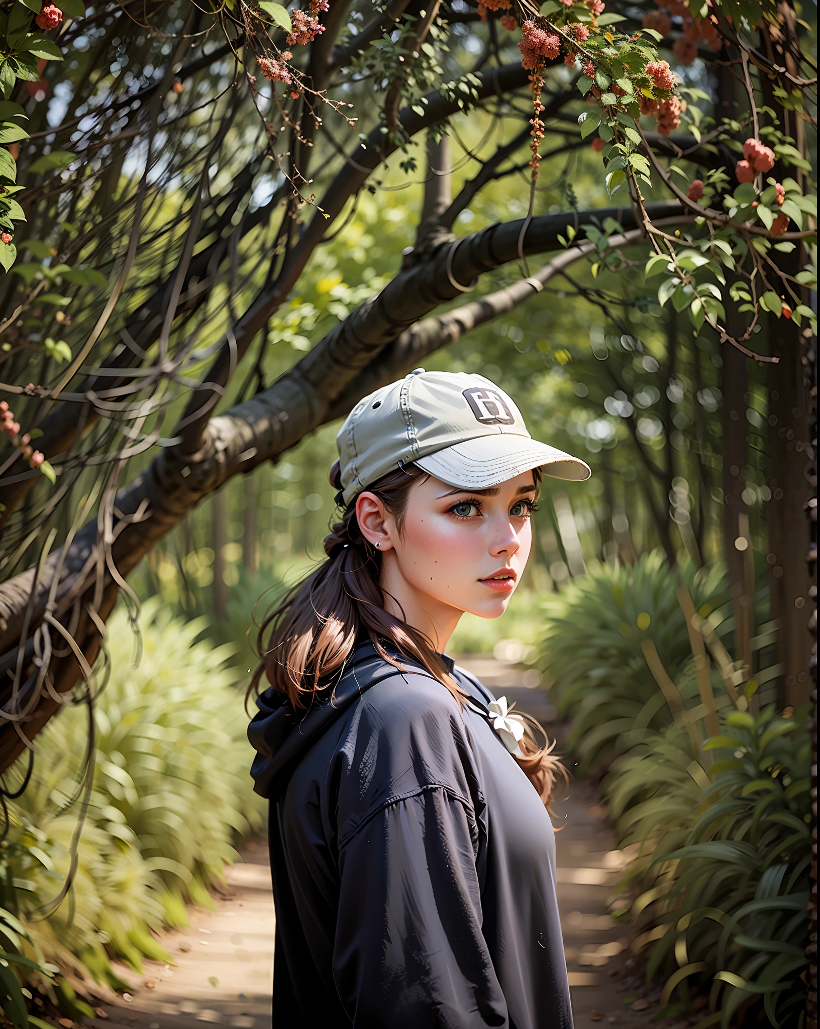 a hyper-realistic portrait of a young woman, under a tree, inside a forest, in the middle of nature, 22 years old, realistic, (lying on her side), sexy, (huge breasts 2:1), short brown hair, (hair tied with bows), curved, SFW