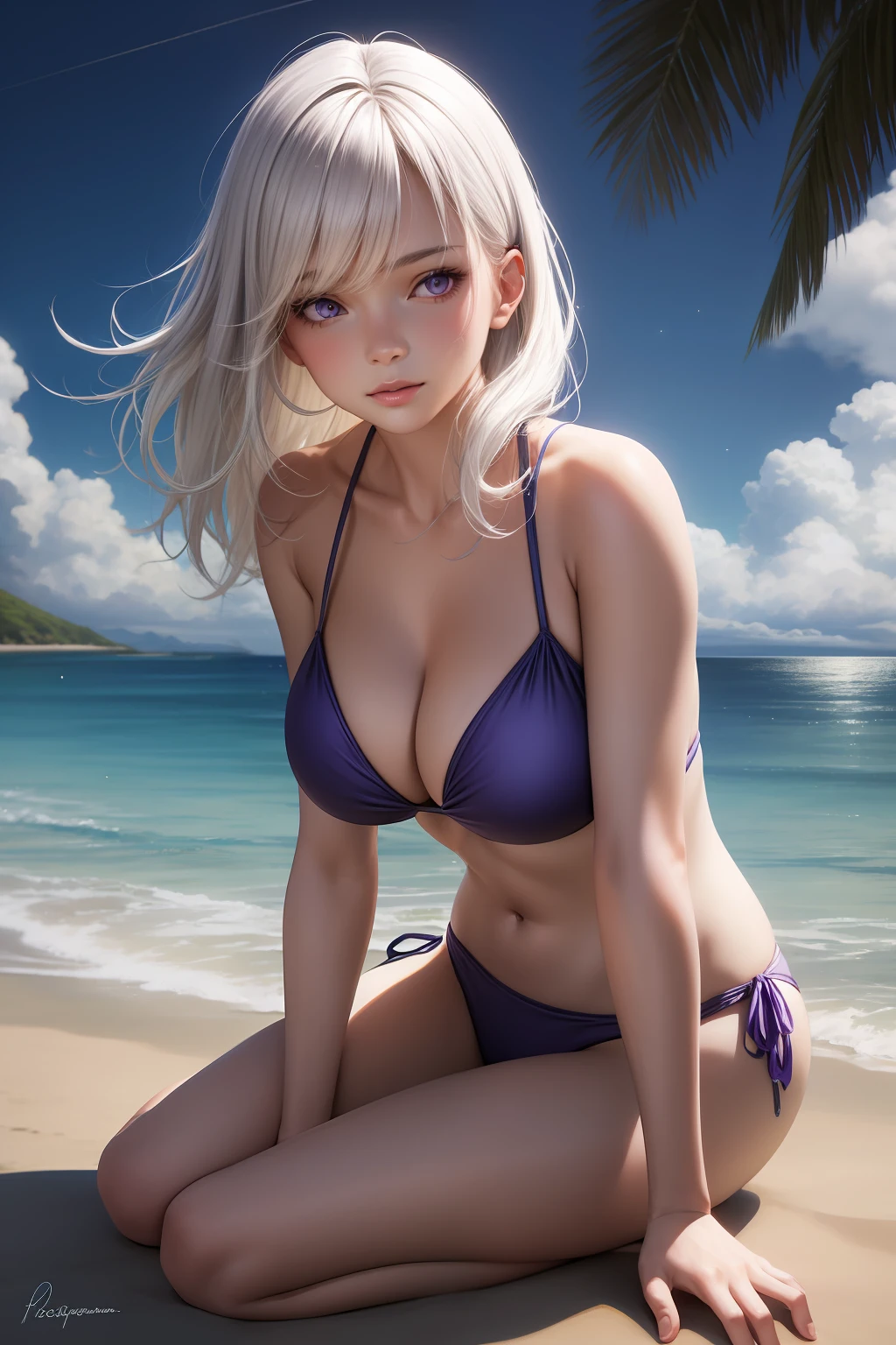 realistic, 1girl, white hair, purple eyes, bikini, beach, light particles, light rays, wallpaper,