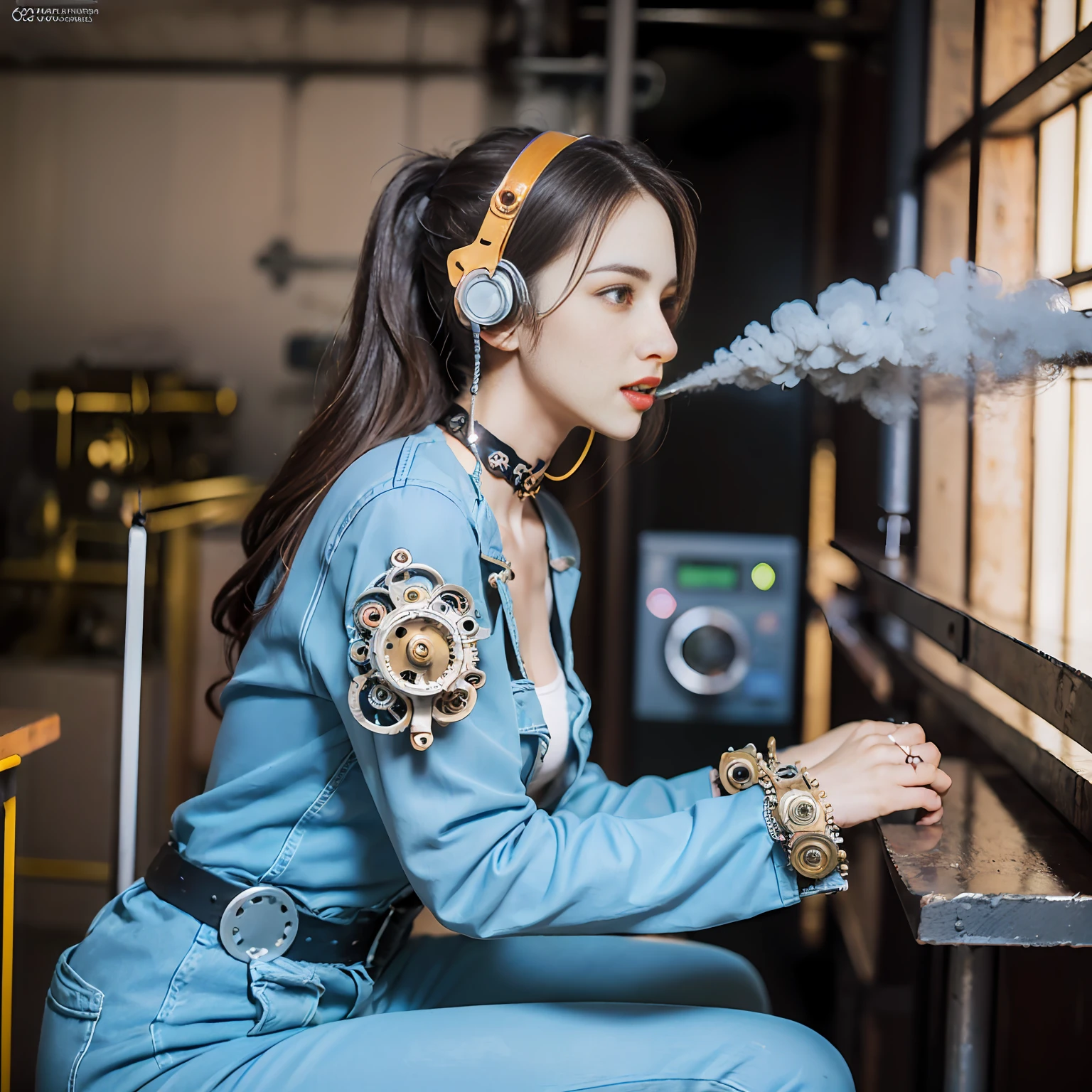 (8K, best quality:1.2), (masterpiece:1.37), (photo, photorealistic:1.37), (ultrahigh-res), full body, sitting on a chair, shot from side, profile, slow motion, female steampunk engineer, (wearing a gray jumpsuit with steampunk details:1.2),(ornately decorated intercom headset:1.3), (ornately decorated choker), (insanely detailed steampunk, bloom:1.5), (highest quality, Alessandro Casagrande, Greg Rutkowski, Sally Mann, concept art, 4k), (analog:1.2), (high sharpness), (detailed pupils:1.1), detailed face and green eyes, Masterpiece, best quality, (highly detailed photo:1.1), (long ginger Hair, ponytail,ecstatic:1.1), (young woman:1.1), sharp, (perfect body:1.1), realistic, real shadow, 3d, (steampunk workshop interior filled with pipes boilers steam and smoke background:1.2), photographed by Canan EOS R6, 135mm, 1/1250s, f/2.8, ISO 400