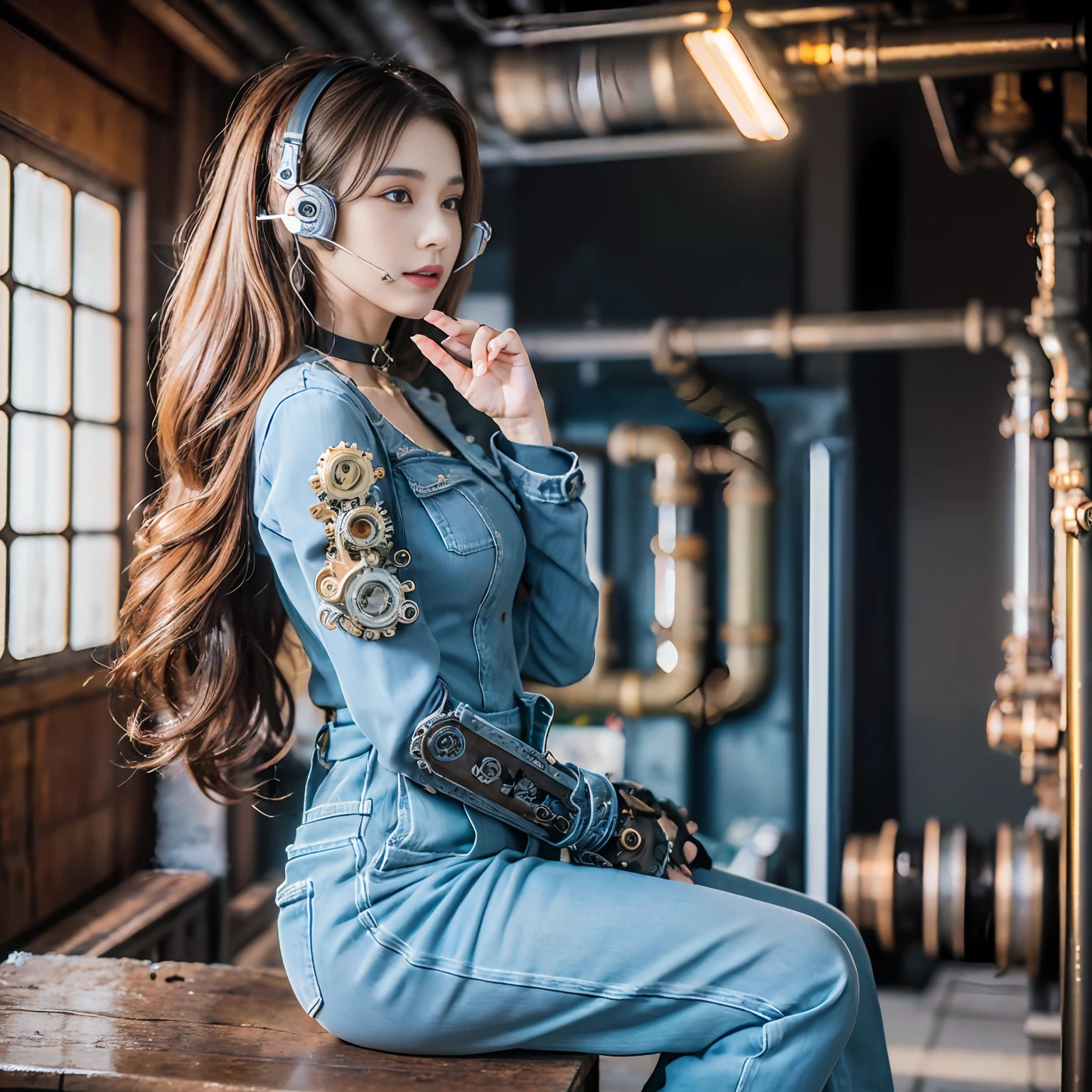 (8K, best quality:1.2), (masterpiece:1.37), (photo, photorealistic:1.37), (ultrahigh-res), full body, sitting on a chair, shot from side, profile, slow motion, female steampunk engineer, (wearing a gray jumpsuit with steampunk details:1.2),(ornately decorated intercom headset:1.3), (ornately decorated choker), (insanely detailed steampunk, bloom:1.5), (highest quality, Alessandro Casagrande, Greg Rutkowski, Sally Mann, concept art, 4k), (analog:1.2), (high sharpness), (detailed pupils:1.1), detailed face and green eyes, Masterpiece, best quality, (highly detailed photo:1.1), (long ginger Hair, ponytail,ecstatic:1.1), (young woman:1.1), sharp, (perfect body:1.1), realistic, real shadow, 3d, (steampunk workshop interior filled with pipes boilers steam and smoke background:1.2), photographed by Canan EOS R6, 135mm, 1/1250s, f/2.8, ISO 400