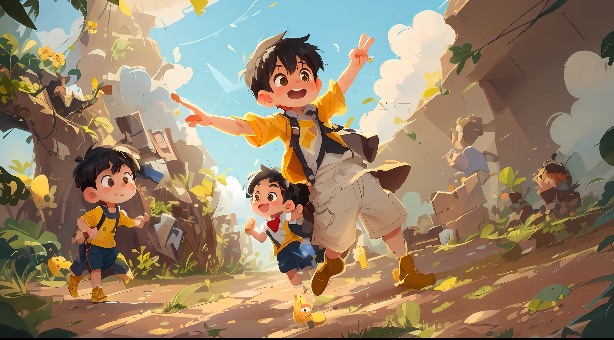 Two little boys，Yellow and black hair，haibian，There are blue skies and white clouds