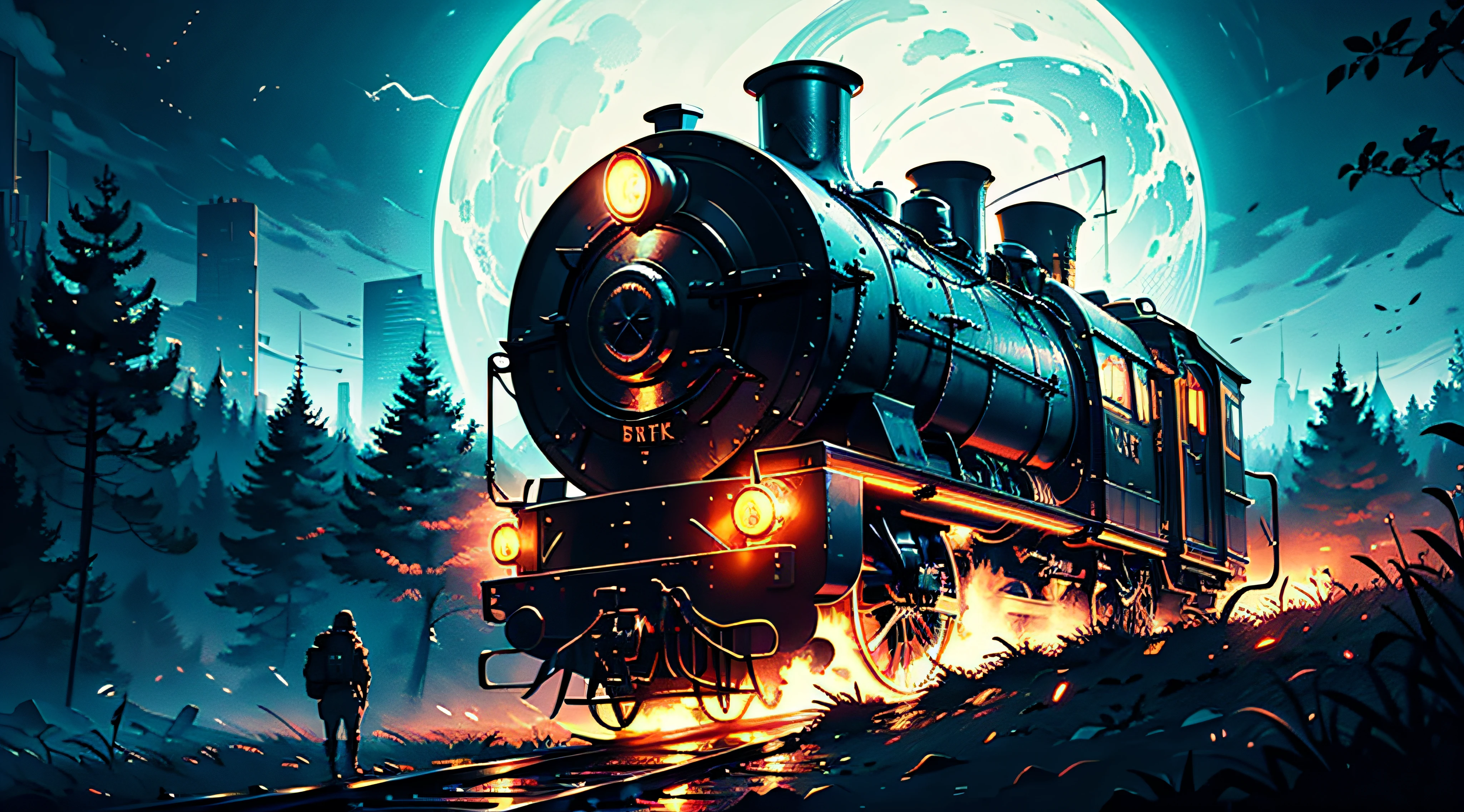 Ultra resolution 8K Illustration of a ghost train might night, hyper detailed, mysterious atmosphere, phantasmal figures, apocalyptic world, digital paintin, fantasy, trending in artstation, Cinematic Lighting, surrealistic, science fiction, ultra details, neon colors., digital paintin, digital ilustration, extreme detail, Digital Art, 4k, ultra HD, vector art