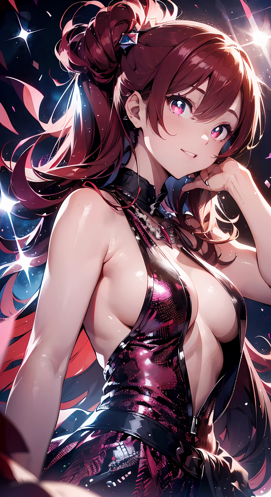 ruby、Red Gemstone Necklace(((masterpiece))),((Super Detailed,The Highest Quality, HIGH DEFINITION, 8k wallpaper, beautiful Clothes,)) (1 girl)((short haired,straighthair,Two Side Up)) (),eyeshadows, eye liner,glistening eyes, hyper detailed eyes, intricate eyes, beautiful eye, ((glowing pink pupils))24歳、Sorrisos