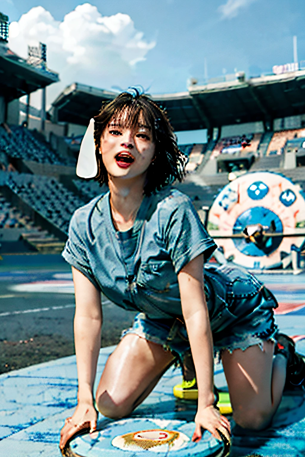 (((best Quality, 8k, photo realistic:1.4, Masterpiece))), back Lighting, highly detailed facial textures women, 18yo, (((Blue playing frisbee girl:1.2))), ((Stadium Background: 1.2)), Arm Up, beautiful make up,  dark eye, Sorrisos,, open  mouth, shiny brown messy short hairstyles, Kneeling position, cows