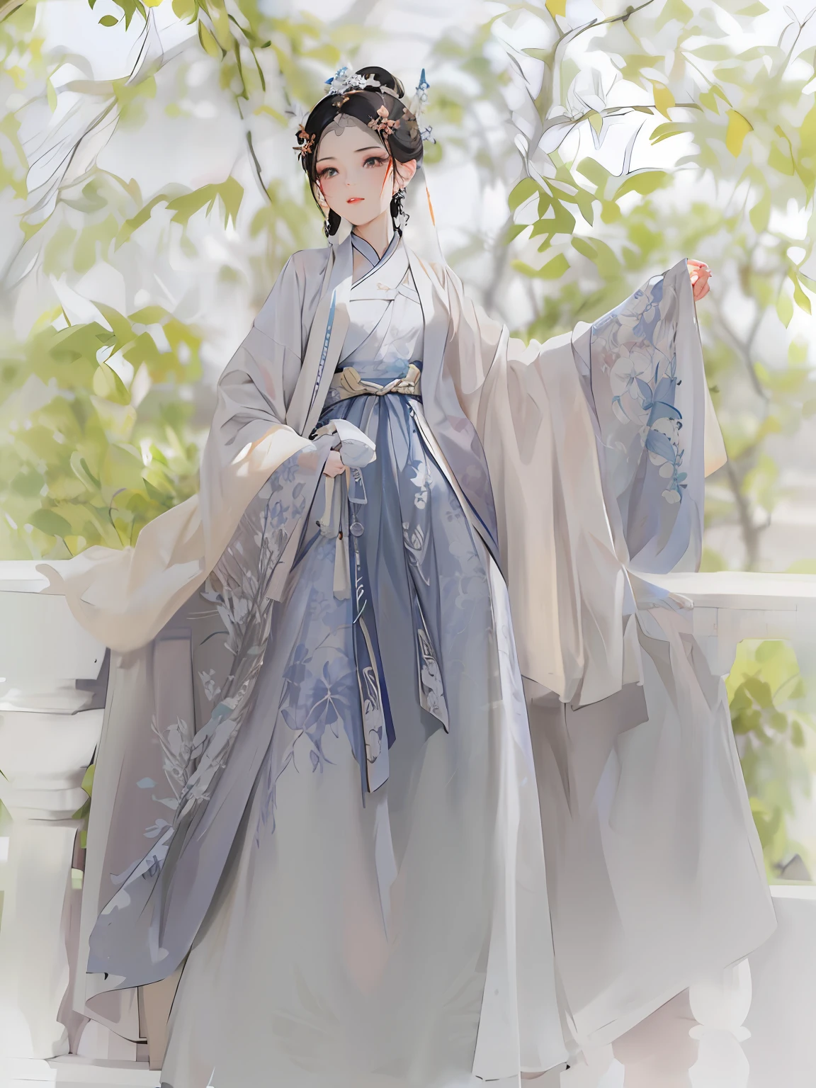 a woman in a gray dress and a white shawl is posing, Hanfu, white Hanfu, traditional Chinese clothes, wearing ancient chinese clothes, palace ， girl in Hanfu, ancient china art style, flowing magical robe, china clothes, ancient chinese princess, ethereal beauty, chinese dress, tang dynasty, wearing a flowing dress, with acient chinese clothes