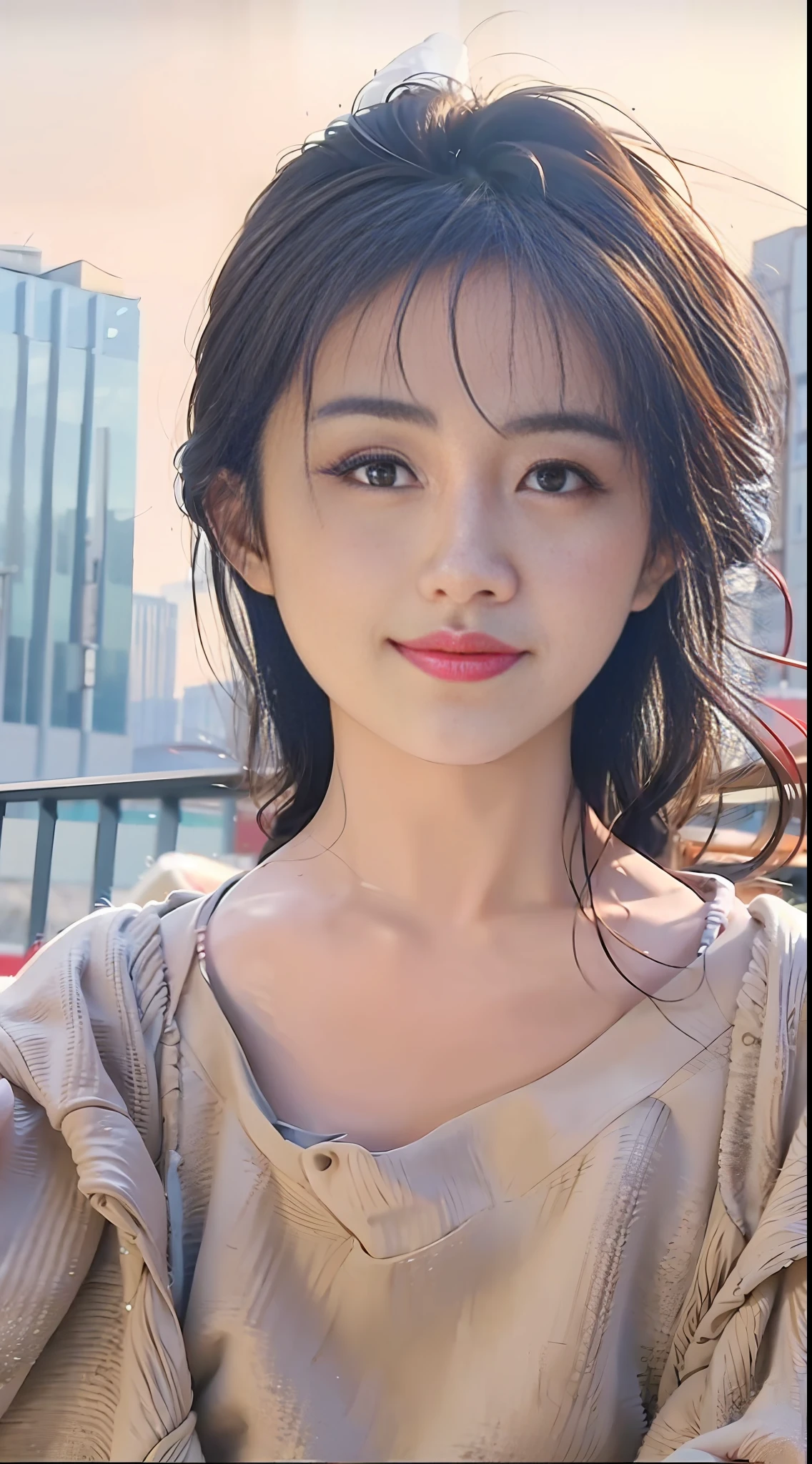 Super Smile, Random Pose, mix4, (8K, RAW photo of, topquality, master masterpiece,: 1.2), (realisitc, photorealistic: 1.37), 1 girl, cute, city views, NIGHT、, rainting、, Wet one, professional Lighting, Photon Mapping, Radiosity, physical based render, gradient brunette hair, short curly, handsome,, girly, white ball set, excellent image quality(HIGH DEFINITION), 1080p, (Clear Face), (Detailed Facial Description), (Detailed Hand Description), (Masterpiece), (Exquisite CG), Extreme Light and Shadow, disheveled Hair, Masterpiece, Rich Detail, (Exquisite Facial Features), (Best Image Quality), (Masterpiece), (Eye for Detail), Looking Eyes, Delicate Clavicle