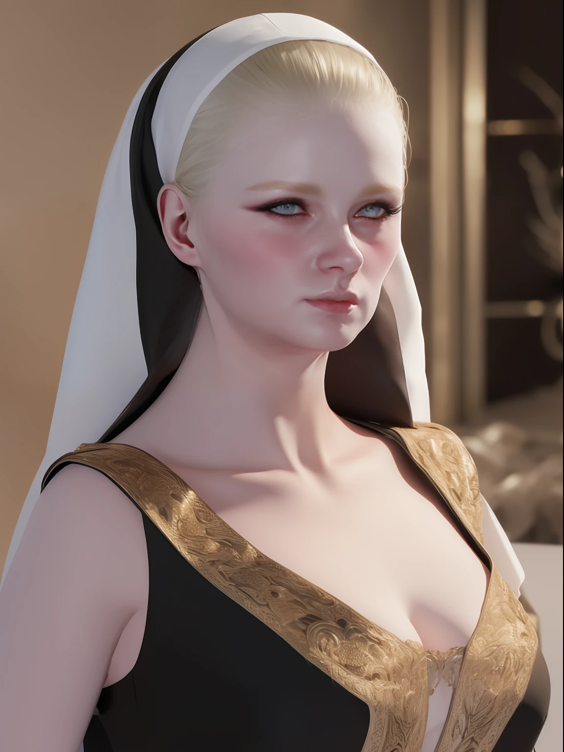 pretty blonde woman nun veil, read holy book, long blonde hair ,8k ,realistic , (photorealistic, high resolution:1.4) , (8k, RAW photo, best quality, masterpiece:1.2), (realistic, photo-realistic:1.37) ,black gold dress , (simple background:1.4), solo, upper body, realistic,(masterpiece:1.4),(best quality:1.4) , (natural lighting), ultra-high resolution