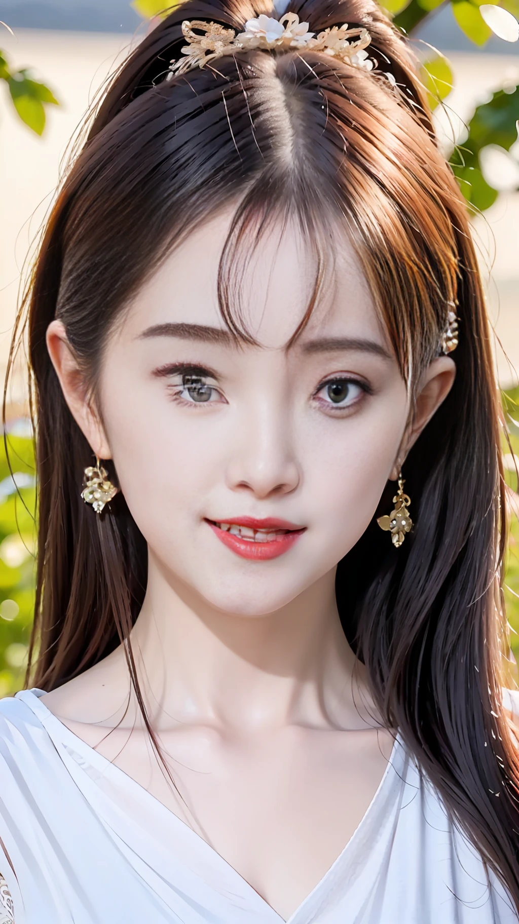 closeup on face, Face shot, (White dress :1.7), short  miko skirt, Long streamers, blonde hairs, golden hair, (Pointed ears: 1.5), (Gold pattern quality:1.3), female pubic hair, with long blond hair, Off-the-Shoulders, Top detail CG quality 4K wallpaper, Master, A Masterpiece, portraits, The middle, Watch the footage, Beautiful Chinese-Korean mixed race idol, ((Super fine face, detailed description of facial features)), Lip biting makeup, Sweet smile, Perfect facial features, Model figure, Good complexion, the trees, branches, Golden meadow, stream, Golden leaves, Evening, Twilight, The setting sun, Twilight, autumn, twin braids, hair strand, diagonal bangs, hair ribbon, hair ornament, forehead jewel, jeweled branch of hourai, crescent hair ornament, fish hair ornament, hime cut, low ponytail, realism, god rays, sparkle, cinematic lighting, lens flare, UHD, high details, high quality, highres, best quality, 8k, 16k, high details, high quality, super detail, anatomically correct, masterpiece, ccurate