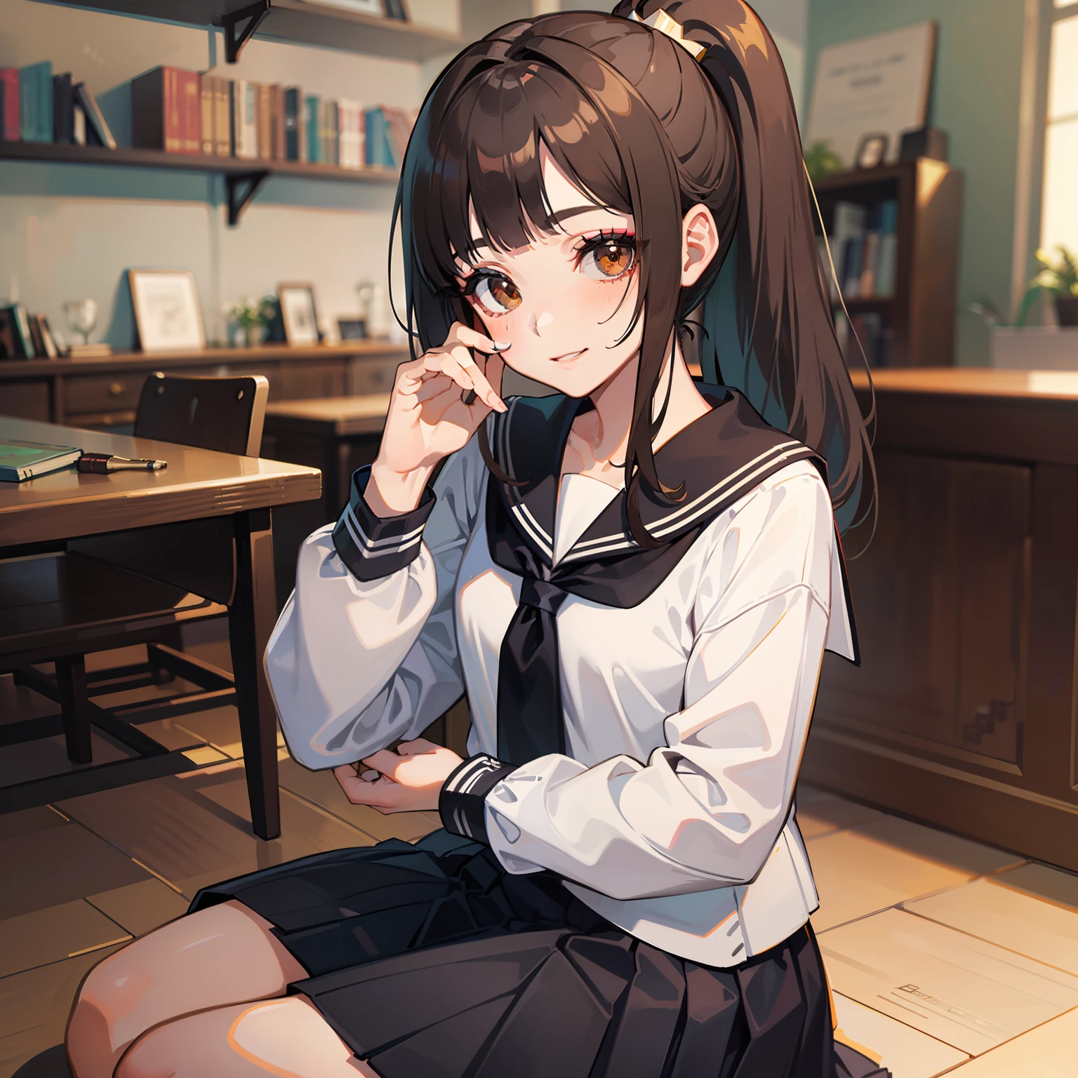 (Best Picture Quality, most details,The most lifelike),(hdt,Personalized makeup, Pleated skirt,Blunt bangs cover the forehead,Medium milk,Brown eyes,black,/Brown hair high ponytail),(The best light and shadow, Sorrisos,Brown eyes),(Role diagram), Hair gradients(+High horsetail:1.2),with a simple background,whiteshirt, Knee, Pleated skirt, hair bangs, black sailor collar, neckline, a black skirt, LONG SLEEVES, Library, Black tights