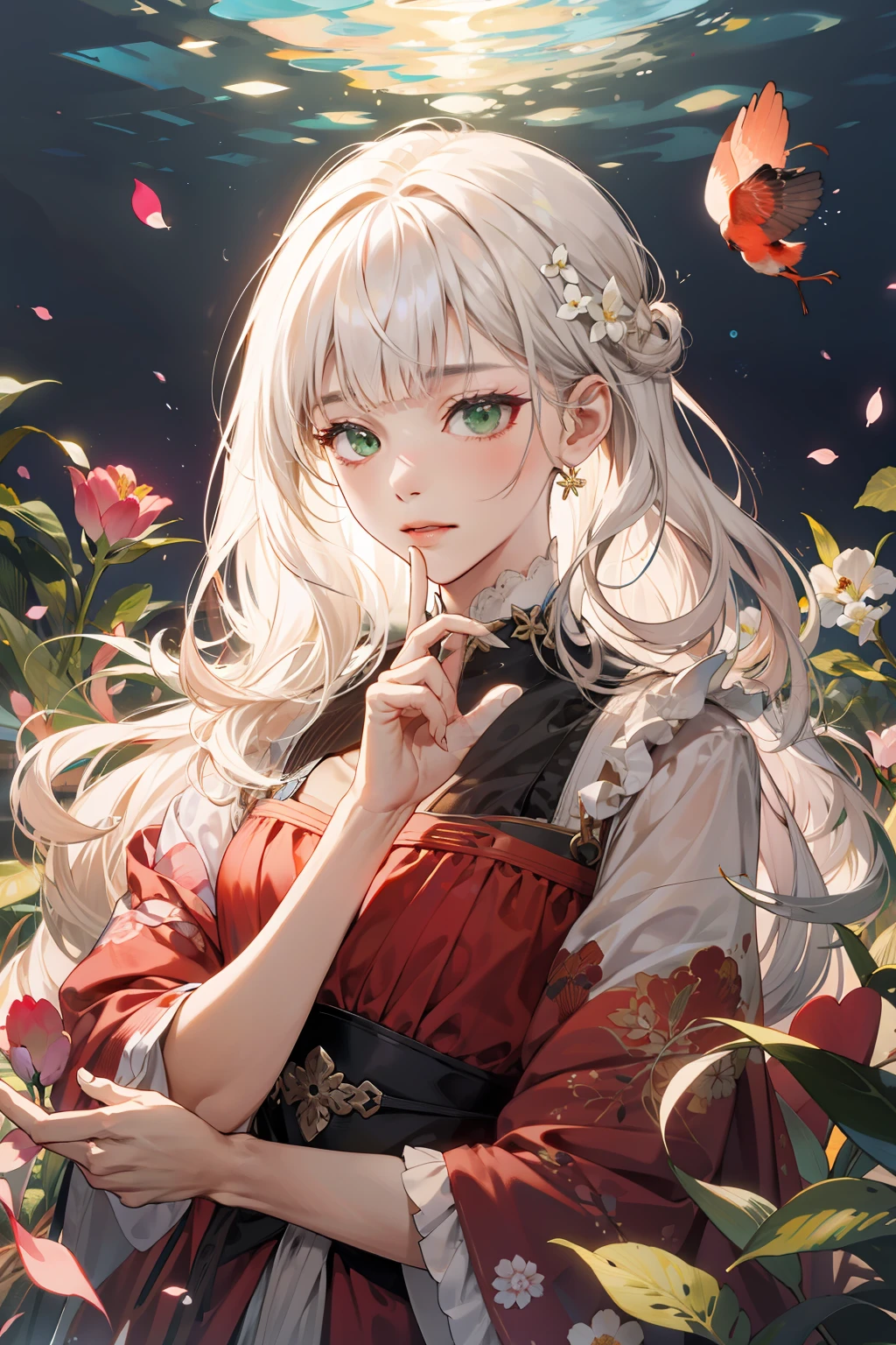 (absurds,High res,ultra Detailed),1girl,mature femle,Wavy white hair,bobed hair,Blunt Bangs,Green eyes,Pink dress,Fine eyes and detailed face,极其详细的 CG unity 8k 壁纸,with their intricate details,BREAK,kaleidoscopic imagery、symmetric pattern、Bright Colors、geometric shapes、Charming design、optical illusions、Dynamic composition BREAK、pantomime art、Expressive body language、Silent storytelling、Evocative gestures、Visual storytelling、Theatrical performance BREAK、flowers in bloom、colorful petals、Fragrant smell、Nature's gift,Vibrant garden,serene landscape,bare chest,Whole body diagram