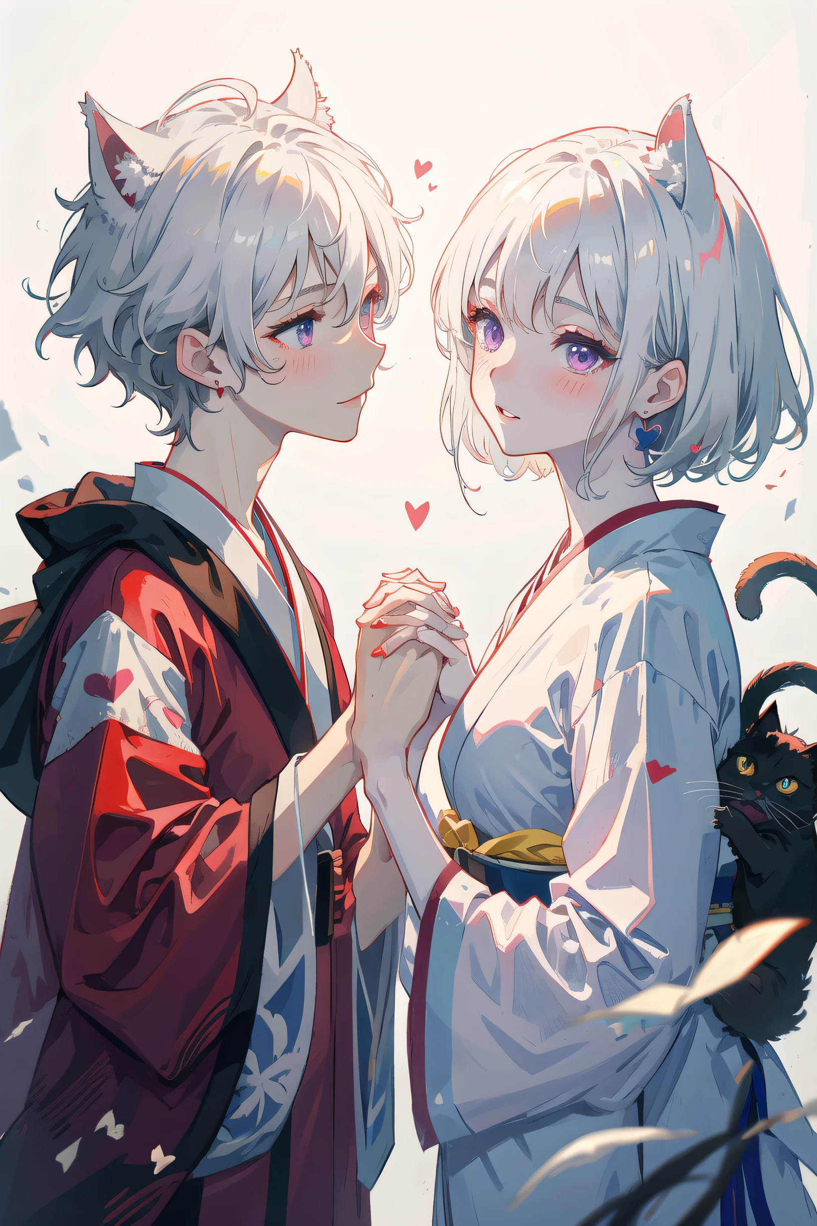 (1boy, 1girl), cat ears, short hair, silver hair, white hair, purple eyes, masterpiece, pov, medium breast, absurdres, messy hair, cute smile, winking, blushing, nice hands, simple background, Japanese clothes, kimono, side-by-side, holding hands, floating heart, heart earrings, white hair, full-face blush, looking at another, face-to-face,