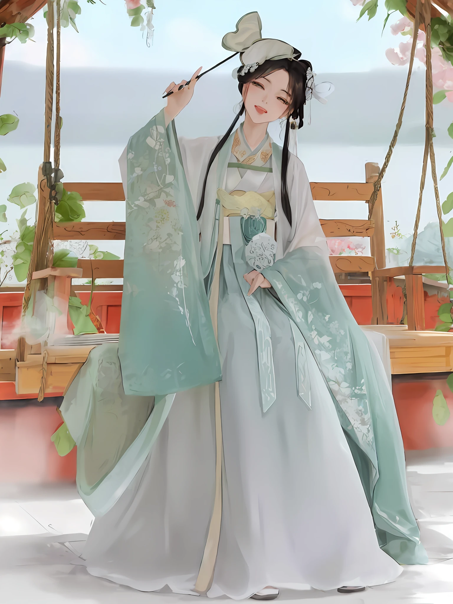 a woman in a green and white dress sitting on a swing, Hanfu, white Hanfu, wearing ancient chinese clothes, traditional Chinese clothes, palace ， girl in Hanfu, with acient chinese clothes, china clothes, ancient chinese princess, tang dynasty, ancient china art style, with ancient chinese aesthetic, chinese dress, chinese style, 8k)), traditional Chinese