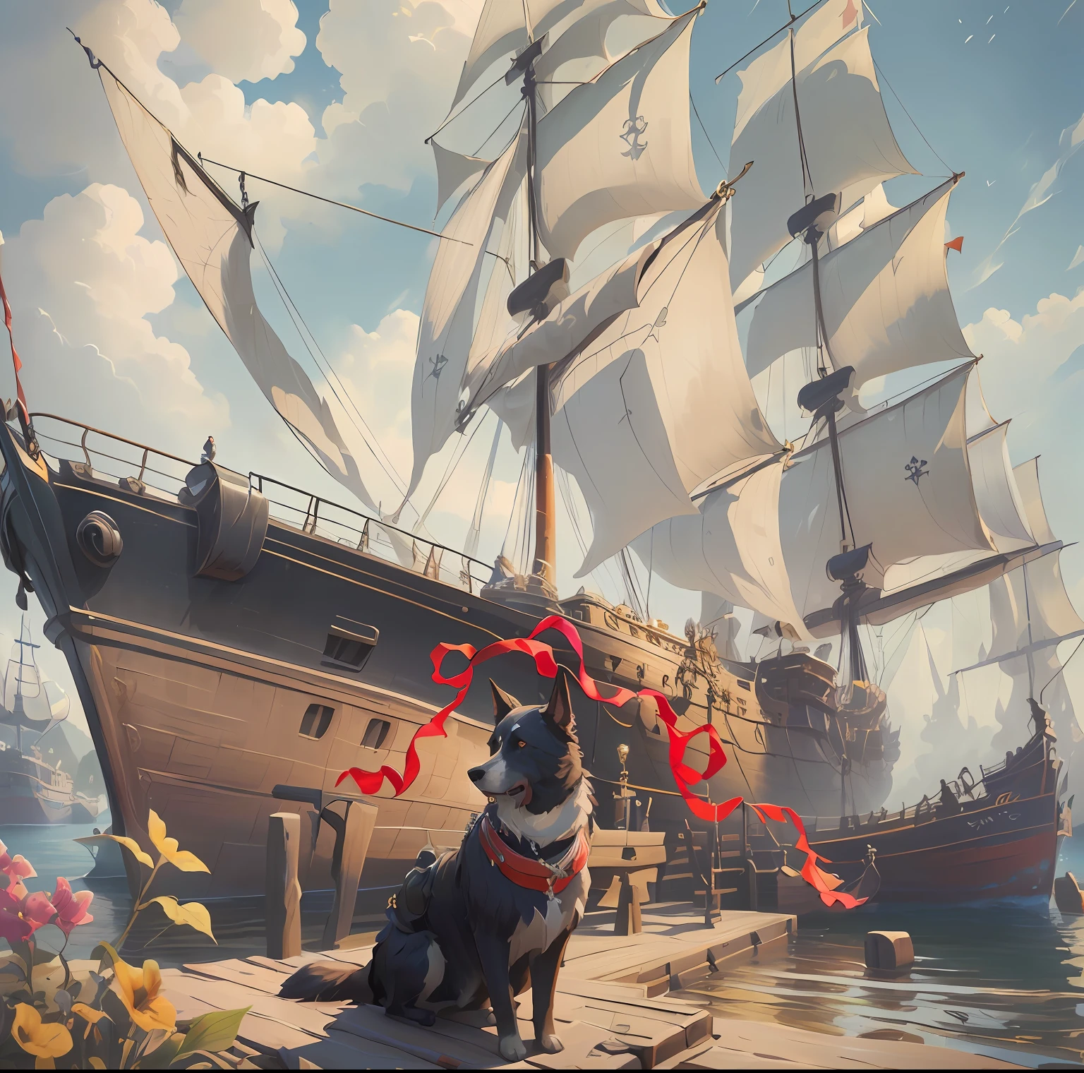 there is a dog sitting on a dock next to a ship, sea of thieves style, painted in high resolution, sea of thieves, stylized painting, overdetailed art, sea of thieves screenshot, adventure hyper realistic render, inspired by Carl Eugen Keel, badass composition, on a pirate ship background, an epic painting of an artist, high detailed official artwork、red ribbon、