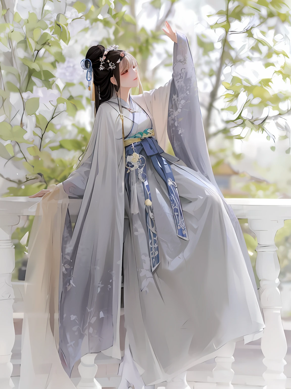 a woman in a gray dress is sitting on a balcony, Hanfu, white Hanfu, traditional Chinese clothes, wearing ancient chinese clothes, a beautiful fantasy empress, ethereal beauty, palace , girl in Hanfu, china clothes, ancient chinese princess, chinese dress, ancient china art style, China Princess, chinese style, traditional Chinese, wearing a flowing dress