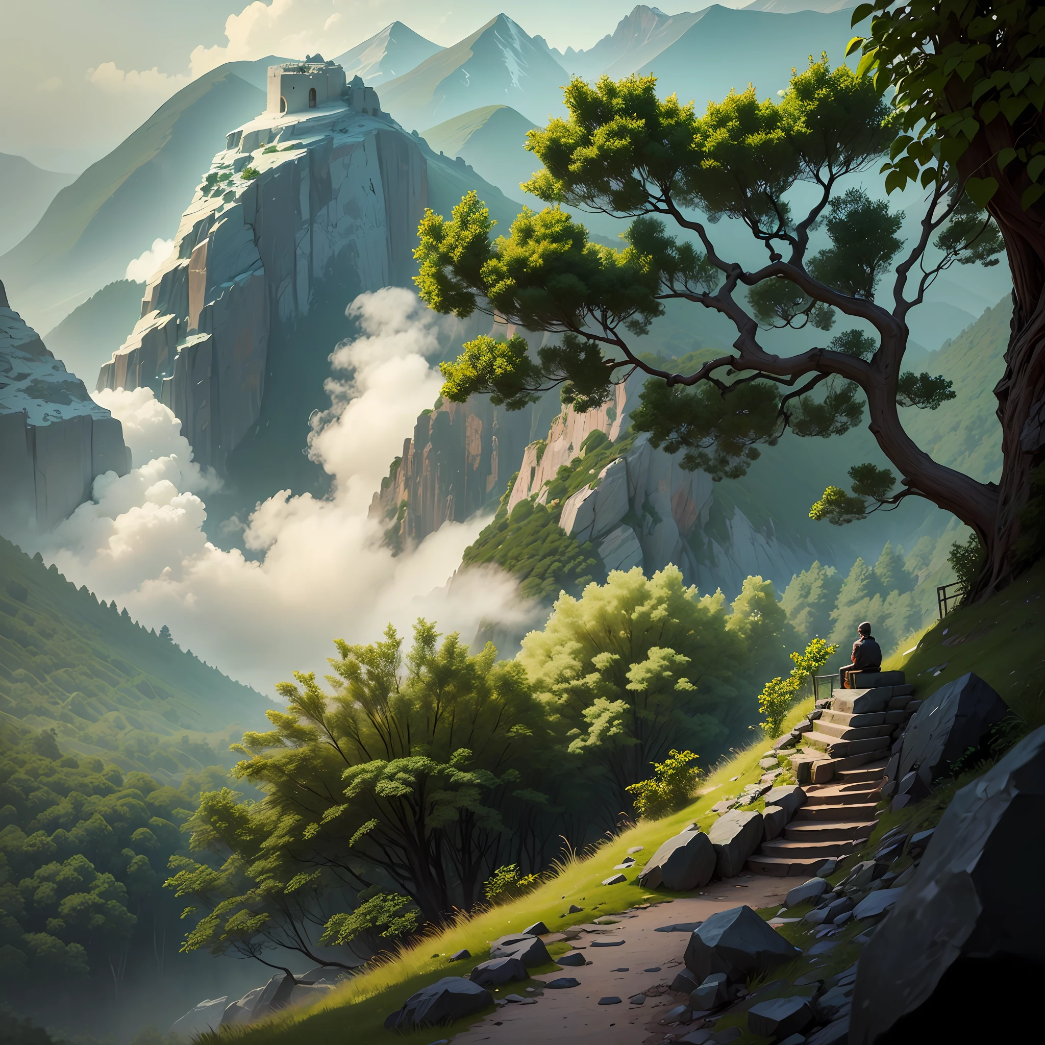 Computer, Realistic Fantasy, Extensive landscape ultra photography (general view, general view, Stone steps, Leading down, to a small area.The railing on the edge collapsed, In the center, Evaluating a cracked bowl – and-La Fountain, What-then small extensions, an ivy-covered statue - what-then masculine, military and the view from here - even the gray mountains on the horizon), mist, dawn, blurred background, grim, magic, Wind from falling leaves,an ivy ), Rocks, mist, dawn, blurred background, grim, magic --auto --s2