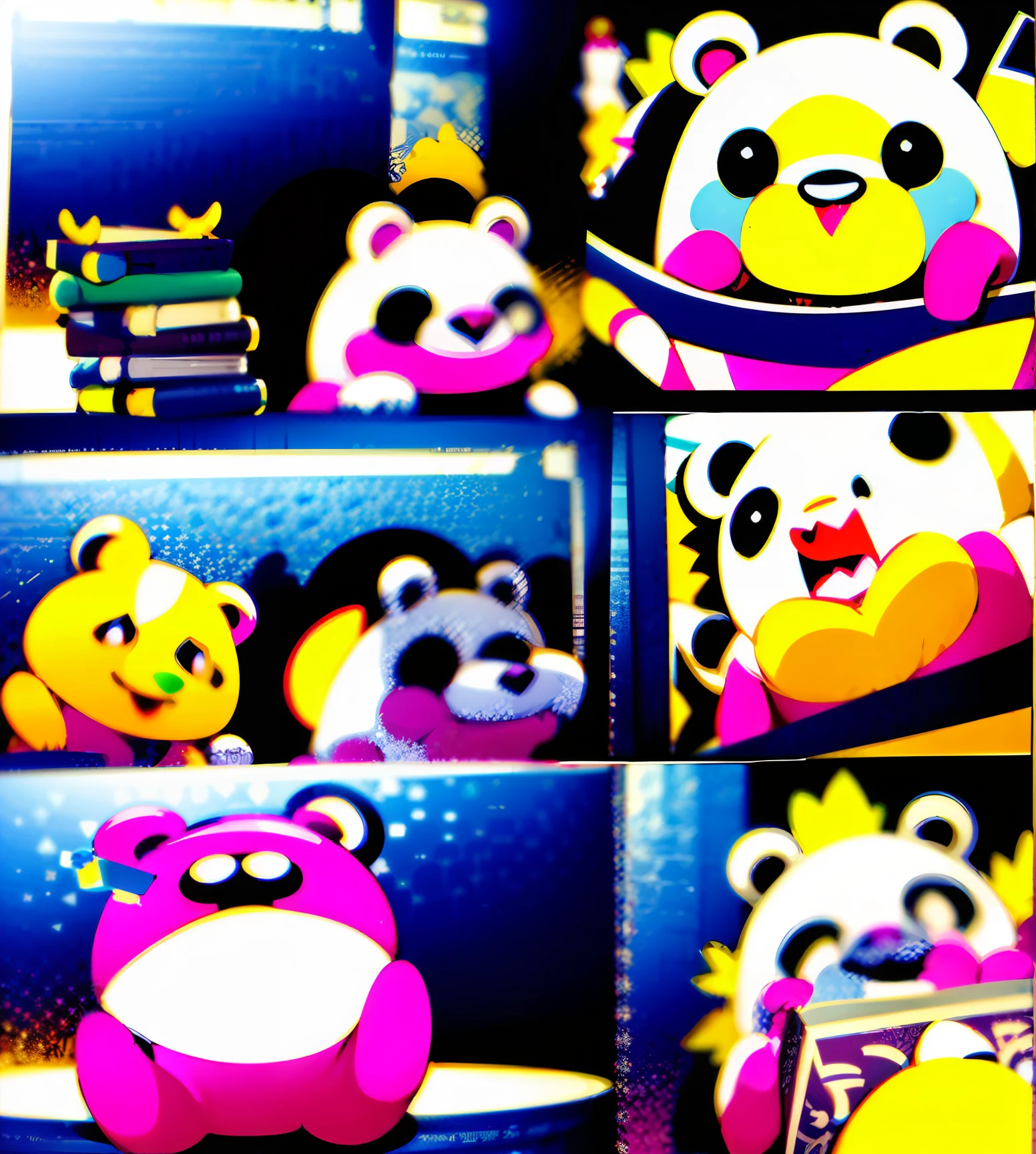 the various expressions of the pink bear with a book， multiple poses and expressions, happy, angry, cry, expression love, etc, emoji pack， f/64 group，related character， engrav- ing, bold outlines --ar 3:4