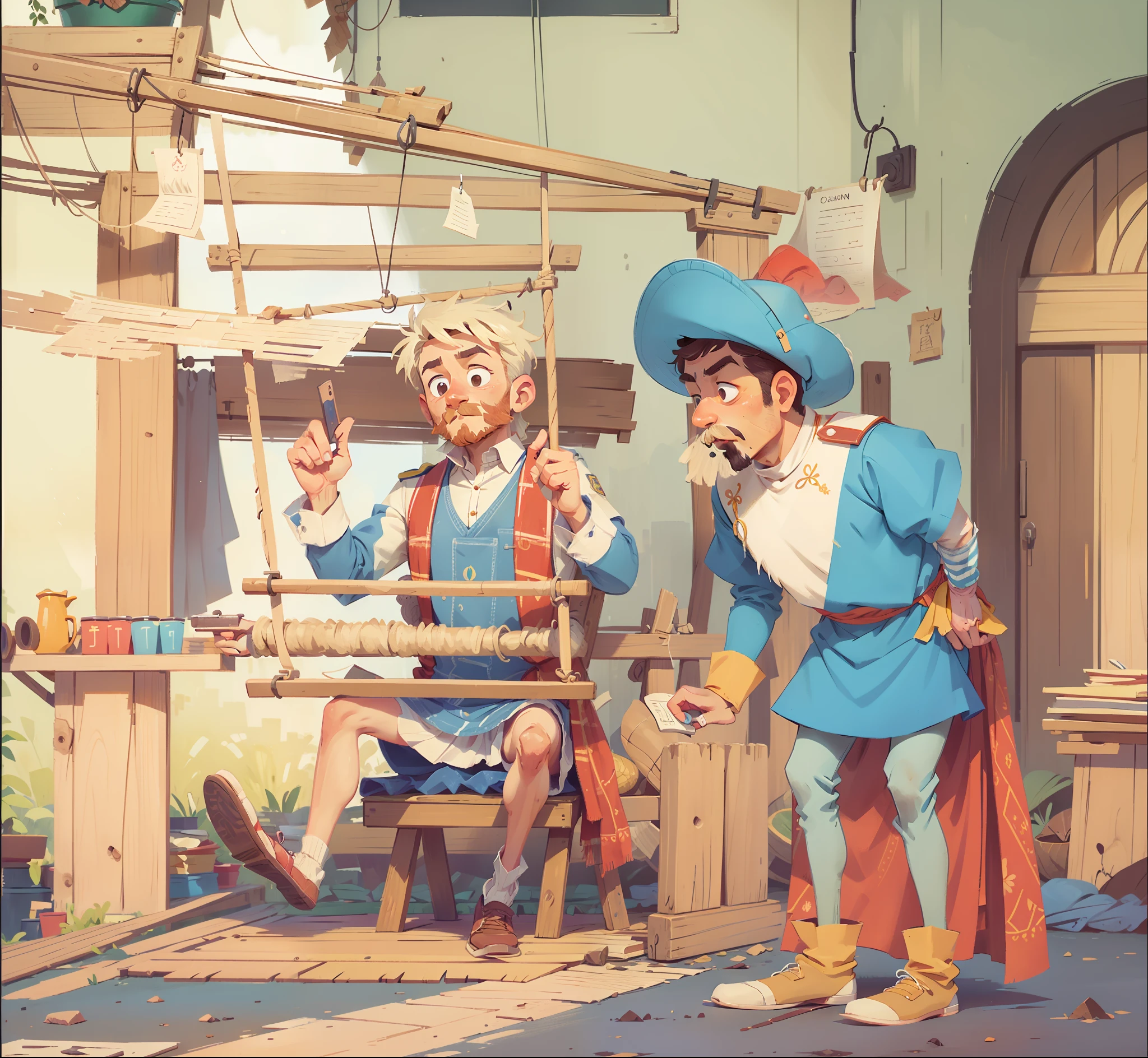 A man sits on a loom,A guard looked at him in surprise,CARTOON,master masterpiece