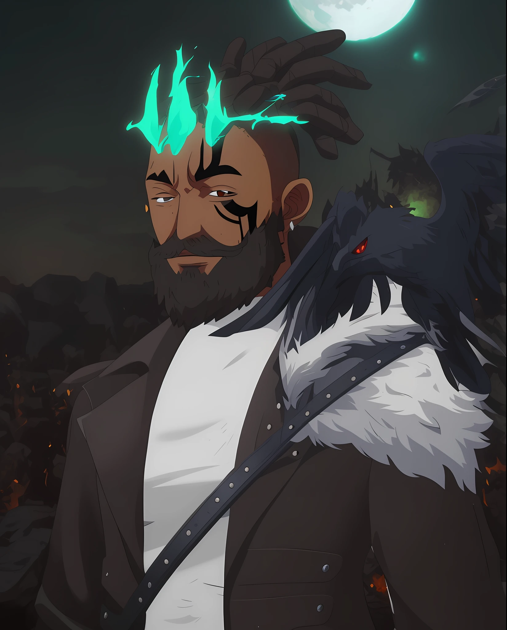 (((Estilo Anime))), (((One Piece Wano Estilo))),there is a man with a bird on his shoulder and a full moon in the background, Snoop Dogg como um Mago, Retrato de um Mago, pintado no estilo arcano, pessoas africanas Tom de pele mais escuro. Textura do cabelo encaracolada, Cacheada ou Crespa. Fuller lips. Narizes mais largos. Prominent cheekbones. Dense bone structure. Estatura variada. Formatos corporais diversos. Unique body proportions. Variedade de tons de pele dentro da etnia africana. picture of a male cleric, epic rpg portrait, Retrato de um hidromancer macho, Closeup da arte do personagempintura digital, arts station, arte conceitual, suave, focus sharp, illustration, arte de artgerm e greg rutkowski e alphonse mucha, 8k