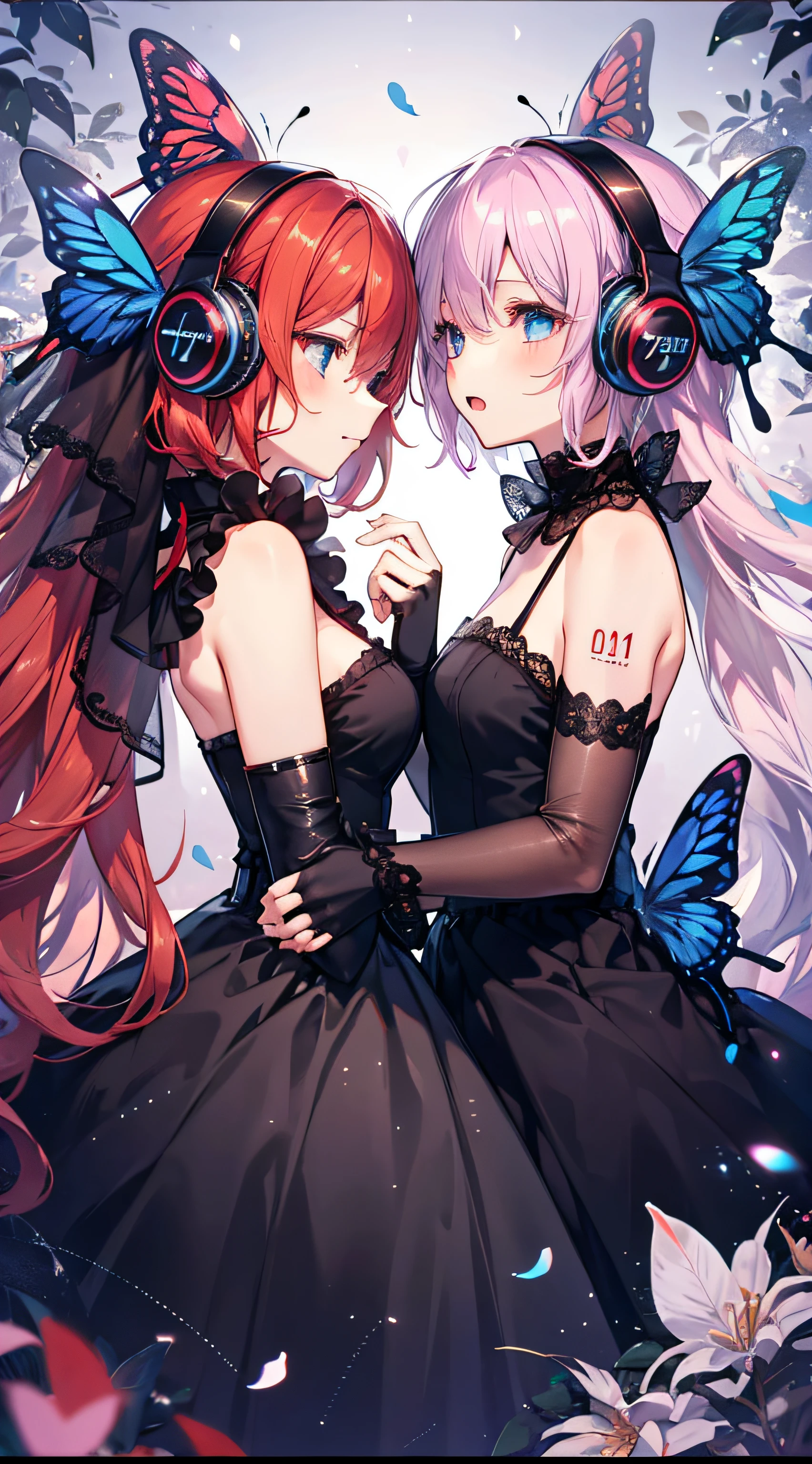 magnetvocaloid,butterfly wings headphones, 
multiple girls, 2girls, yuri,fingerless gloves, 
 red hair,black veil,funeral dress, black dress,