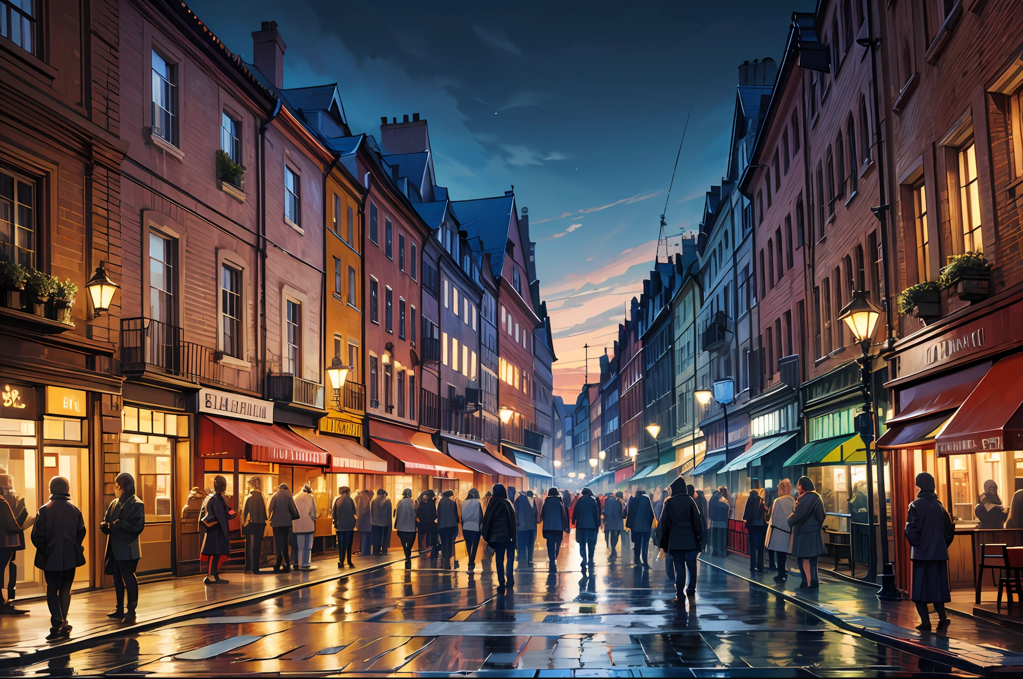(High res, ultra Detailed, HDR), Bustling and lively streets,British style,European style,(on night)