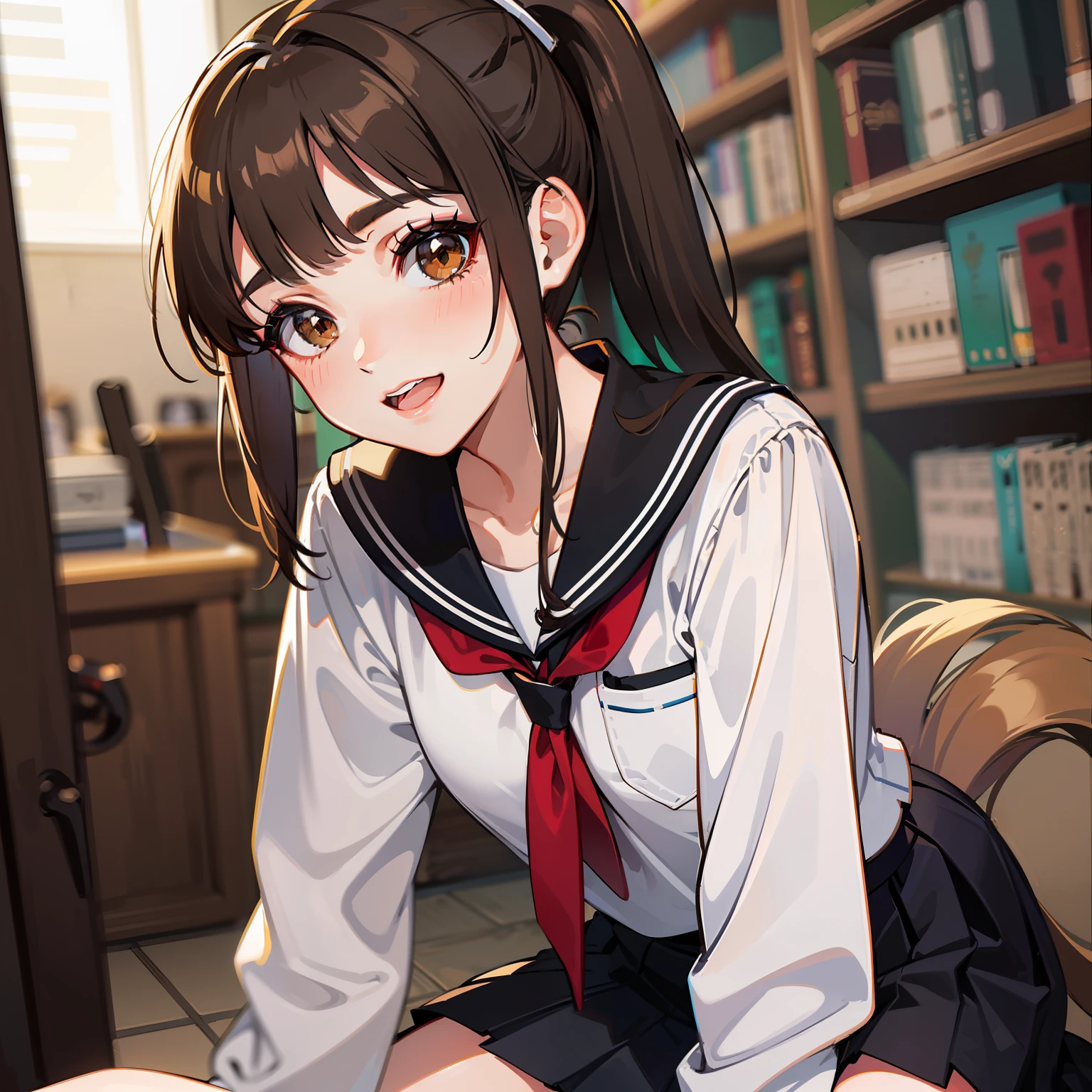 (Best Picture Quality, most details,The most lifelike),(hdt,Personalized makeup, Pleated skirt,Blunt bangs cover the forehead,Medium milk,Brown eyes,black,/Brown hair high ponytail),(The best light and shadow, Sorrisos,Brown eyes),(Role diagram), Hair gradients(+High horsetail:1.2),with a simple background,whiteshirt, Knee, Pleated skirt, hair bangs, black sailor collar, neckline, a black skirt, LONG SLEEVES, Library, Black tights