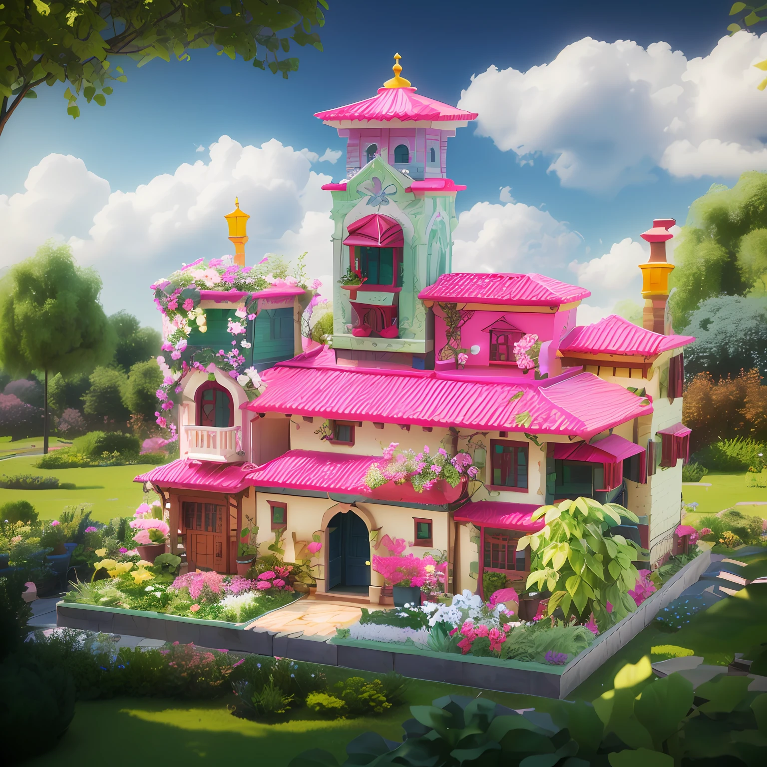 arafed model of a pink and green house with a garden, stylized as a 3d render, super detailed render, 3 d render stylized, stylized 3d render, beautifully detailed render, highly detailed scene, very very high detailed, fully detailed render, highly detailed render, very high detailed, super high detail, detailed intricate render