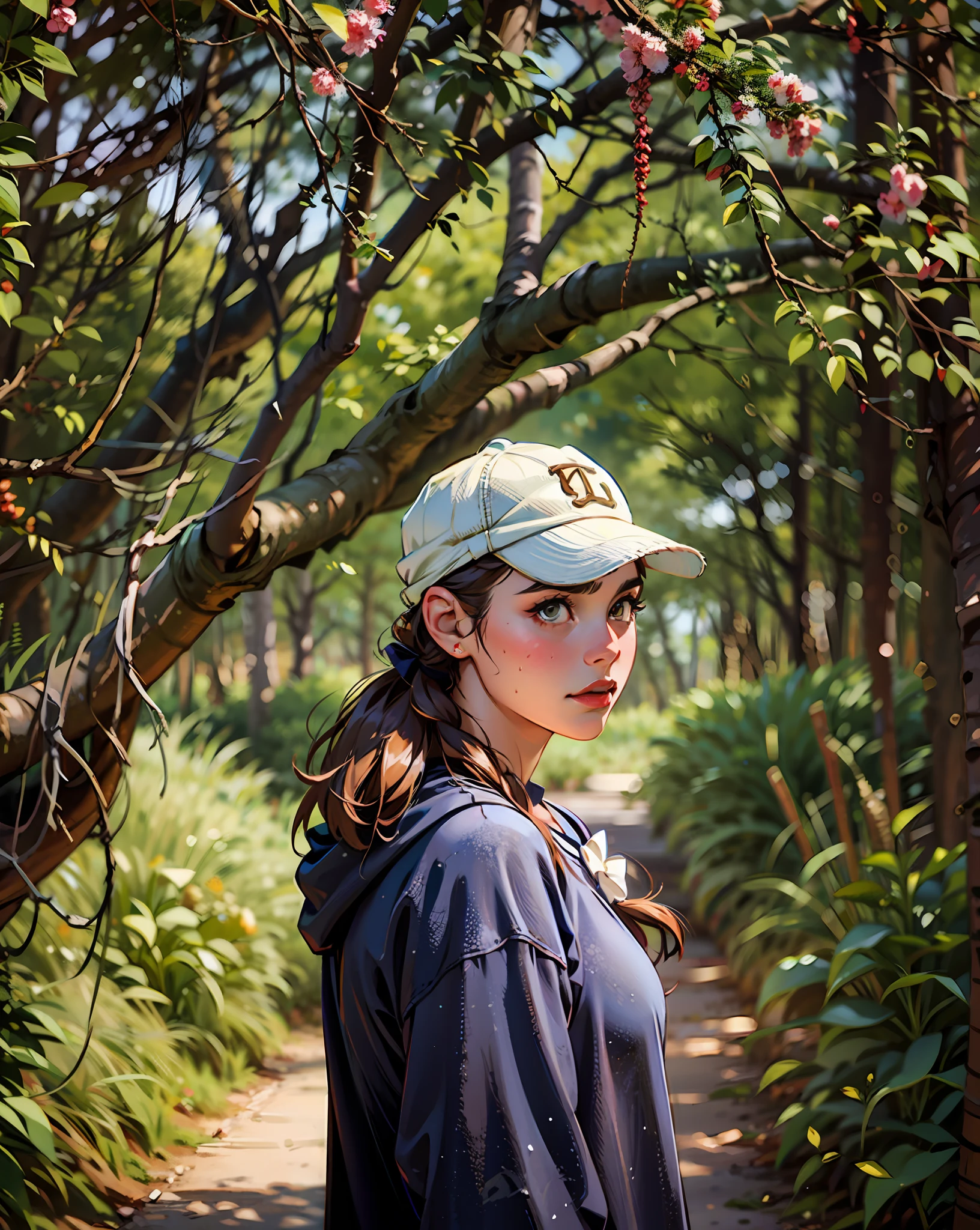 a hyper-realistic portrait of a young woman, under a tree, inside a forest, in the middle of nature, 22 years old, realistic, (lying on her side), ????, (???????????? 2:1), short brown hair, (hair tied with bows), curved, SFW