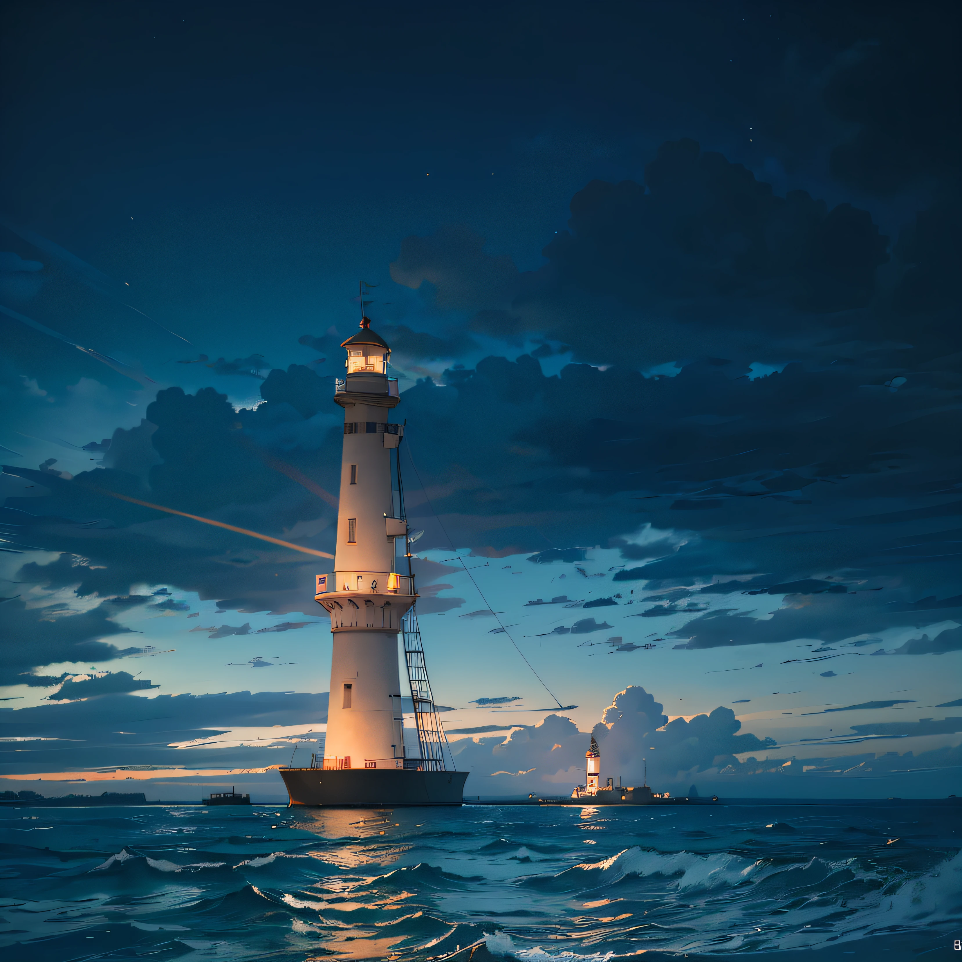 in the night, the lighthouse stands on the sea,The tower is lit up,Do not anime,Be similar to what a camera shot,The overall color tone is blue --auto