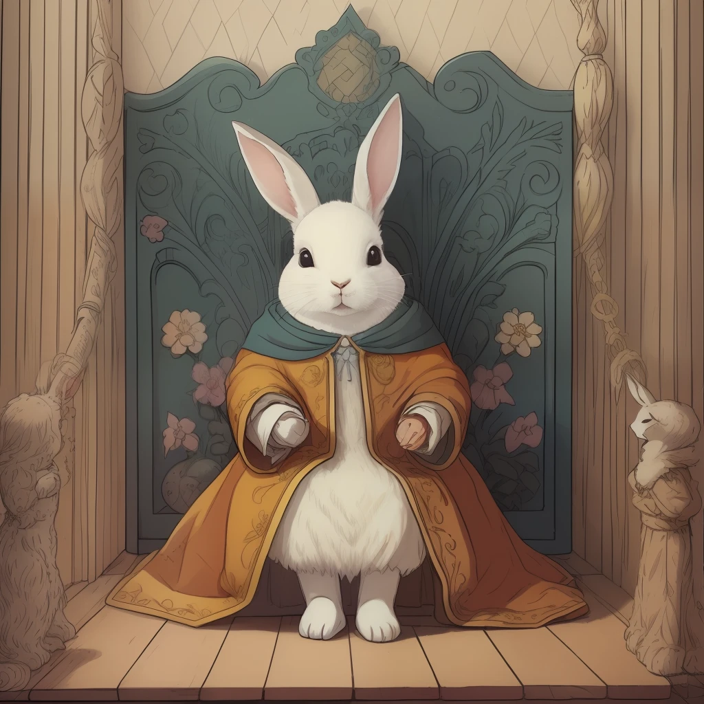 Picture book illustrations for children、The King on the Throne、The king facing the front、White rabbit、biped、Rabbit personification、3頭身、Setting image、cuddly、Two rabbit ears、color illustration、Configuration Materials、Colorful colors、Deformed rabbit、18世紀フランスの服、