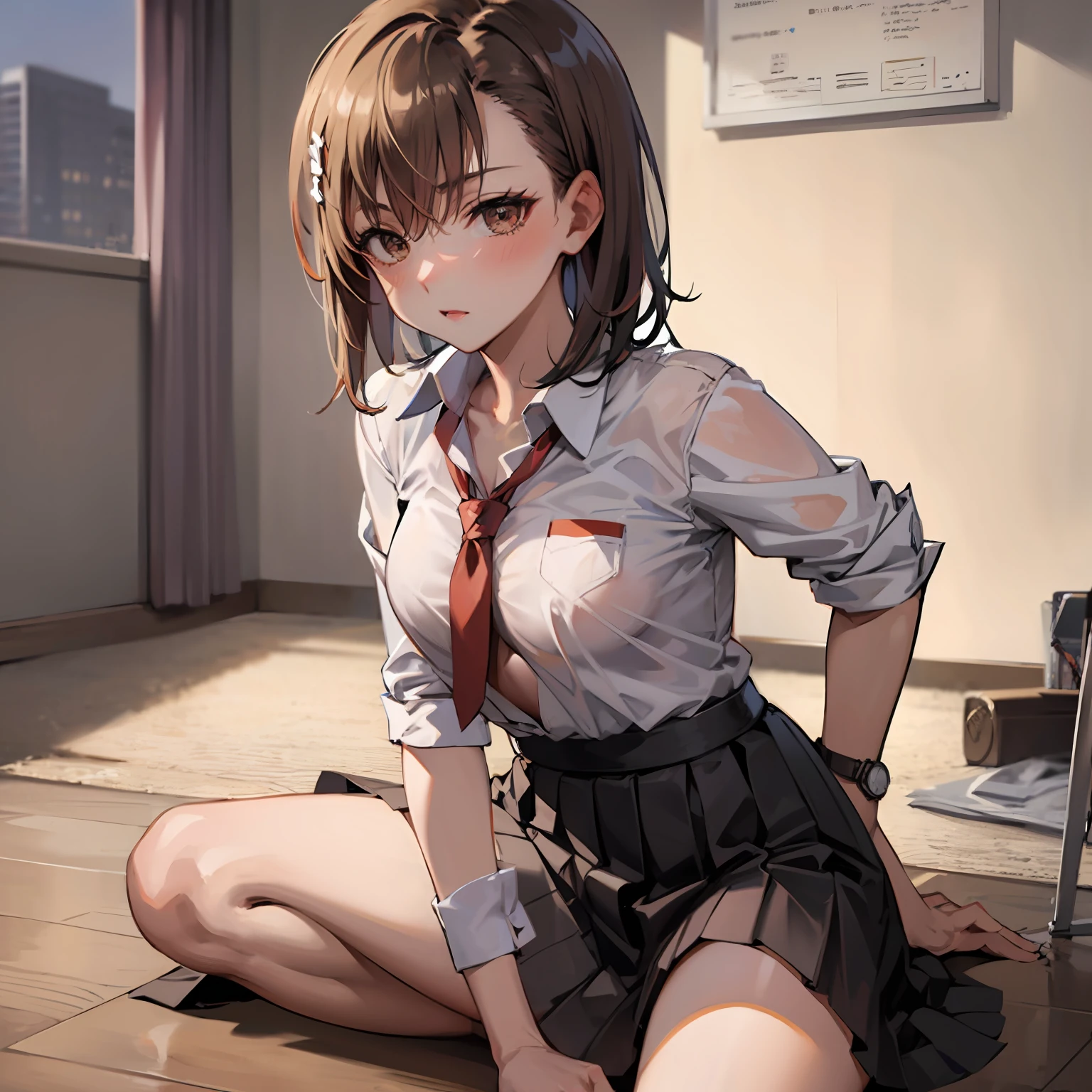 master masterpiece, The Highest Quality, misaka_mikoto, BROWN EYES, watch the viewer, solo、, short_haired、, closed_mouthed, lapel_shirt、, olhando_Inserting a into the_Viewer, school_uniform, Camisa, blanc、_shirt、, small_Boobs、, Classrooms　Misaka Mikoto's skirt　beautiful feet　Kick