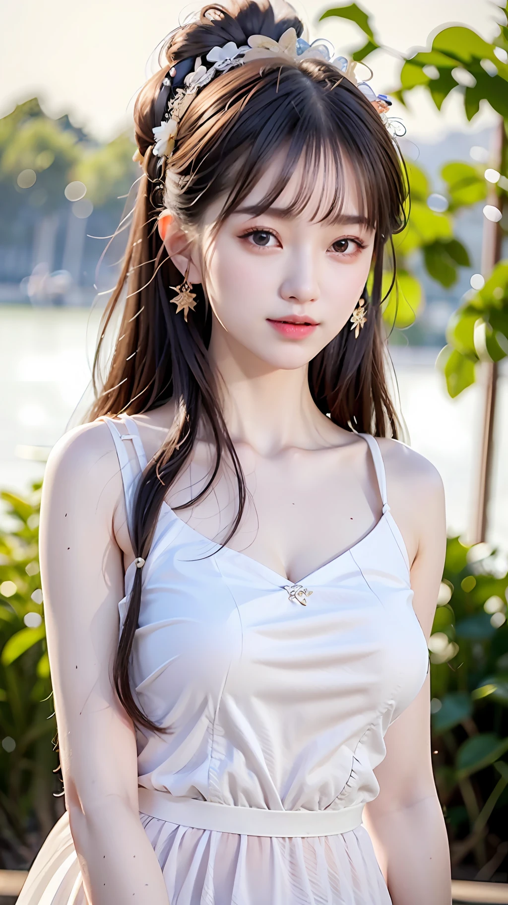 closeup on face, Face shot, (White dress :1.7), short miko skirt, Long streamers, blonde hairs, golden hair, (Pointed ears: 1.5), (Gold pattern quality:1.3), female pubic hair, with long blond hair, Off-the-Shoulders, Top detail CG quality 4K wallpaper, Master, A Masterpiece, portraits, The middle, Watch the footage, Beautiful Chinese-Korean mixed race idol, ((Super fine face, detailed description of facial features)), Lip biting makeup, Sweet smile, Perfect facial features, Model figure, Good complexion, the trees, branches, Golden meadow, stream, Golden leaves, Evening, Twilight, The setting sun, Twilight, autumn, twin braids, hair strand, diagonal bangs, hair ribbon, hair ornament, forehead jewel, jeweled branch of hourai, crescent hair ornament, fish hair ornament, hime cut, low ponytail, realism, god rays, sparkle, cinematic lighting, lens flare, UHD, high details, high quality, highres, best quality, 8k, 16k, high details, high quality, super detail, anatomically correct, masterpiece, ccurate