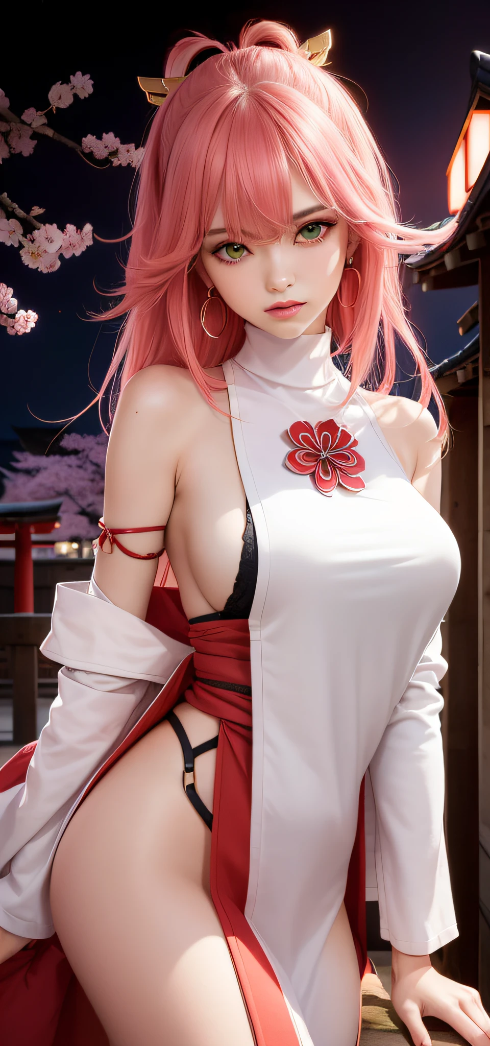 (Masterpiece, Excellent, 1girl, solo, complex details, color difference), realism, ((medium breath)), off-the-shoulders, big breasts, sexy, Yae Miko, long pink hair, red headdress, red highlight, hair above one eye, green eyes, earrings, sharp eyes, perfectly symmetrical figure, choker, neon shirt, open jacket, turtleneck sweater, against the wall, brick wall, graffiti, dim lighting, alley, looking at the audience, ((mean, seductive, charming)), ((cherry blossom background ))),((Japanese temple background)))), (((Glow-in-the-dark background)))