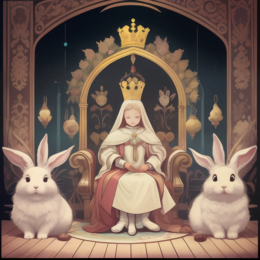 Picture book illustrations for children、The King on the Throne、The king facing the front、White rabbit、biped、Rabbit personification、3頭身、Setting image、cuddly、Two rabbit ears、color illustration、Configuration Materials、Colorful colors、Deformed rabbit、18世紀フランスの服、