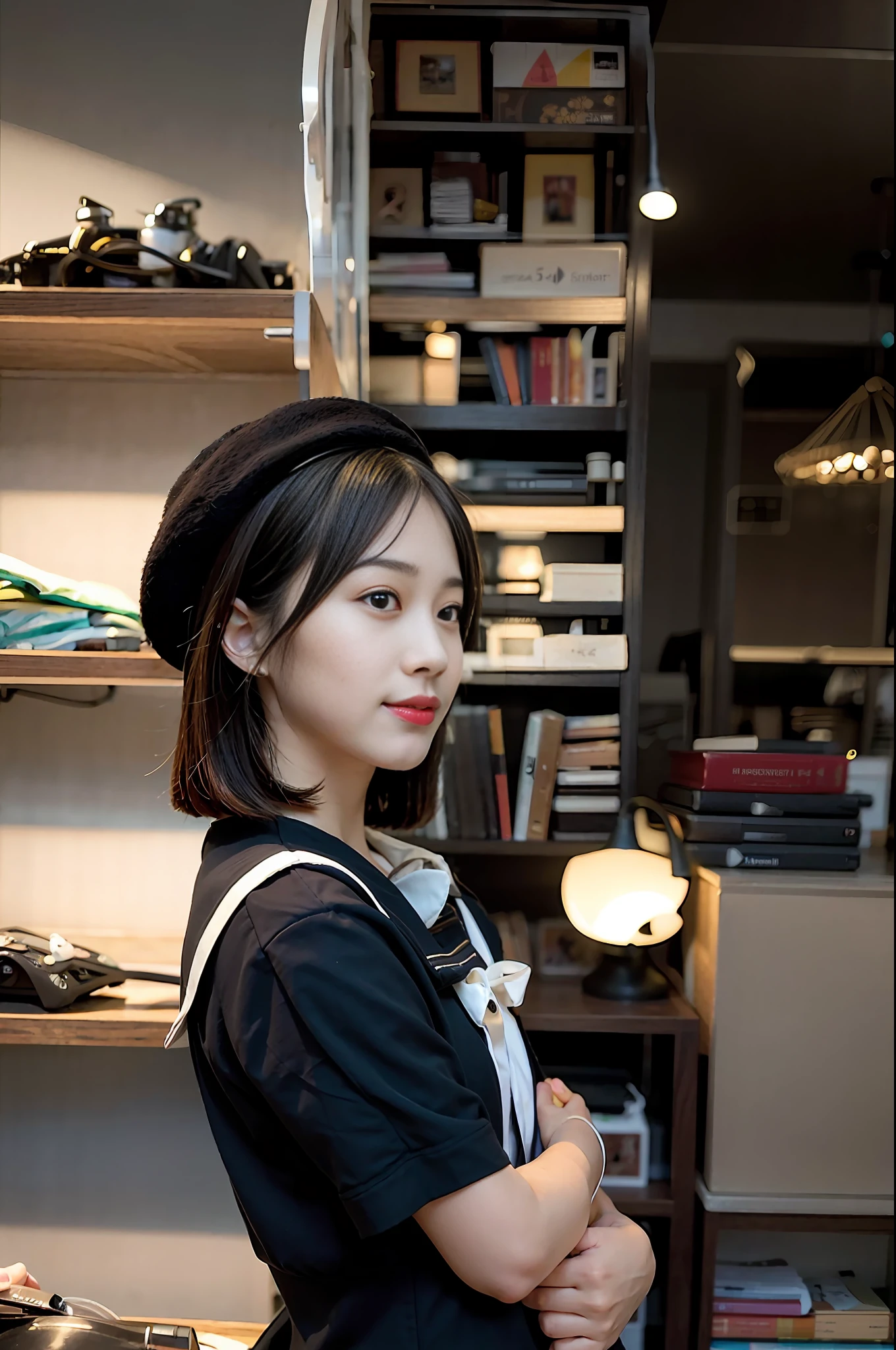 There was a young girl standing in front of a bookshelf, taken with canon eos 5 d mark iv, lofi girl,  captured on canon eos r 6, 8k 50mm iso 10, taken with canon 5d mk4, Young adorable Korean face, Girl in Uniform，Japanese Idol, Perfect Figure, beautiful eyes double eyelids,Harajuku, broad smile,best best quality， master masterpiece，beatutiful face， （Photo realistic）， edgelighting， （High detail skin），super high definition， digital DSLR camera， highs quality， High res， 4k， 8k，Optimal proportions of four fingers and one thumb， （PhotoRealistic：1.3）， Two hands holding a book in front of his chest，可爱的 1girl， Wearing a black sailor suit，short  miko skirt，Background bookshelf，Real faces，Exquisite Facial Features，Detailed depiction of hands，The skin of the arms is softly lined