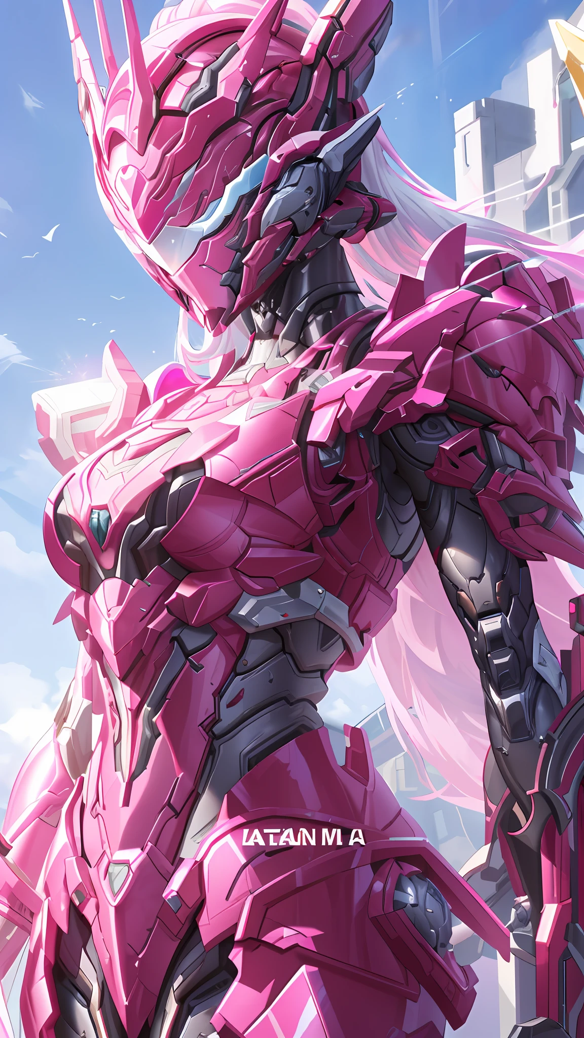 Close-up of a pink robot，holding a sword in his hand, streamlined pink armor, slick pink armor, sharp silver armor fuchsia skin, shining pink armor, fuchsia skin beneath the armor, exquisite warframe fanart, girl in mecha cyber armor, extremely detailed artgerm, detailed anime artwork, of a beautiful female warframe, shiny plastic armor