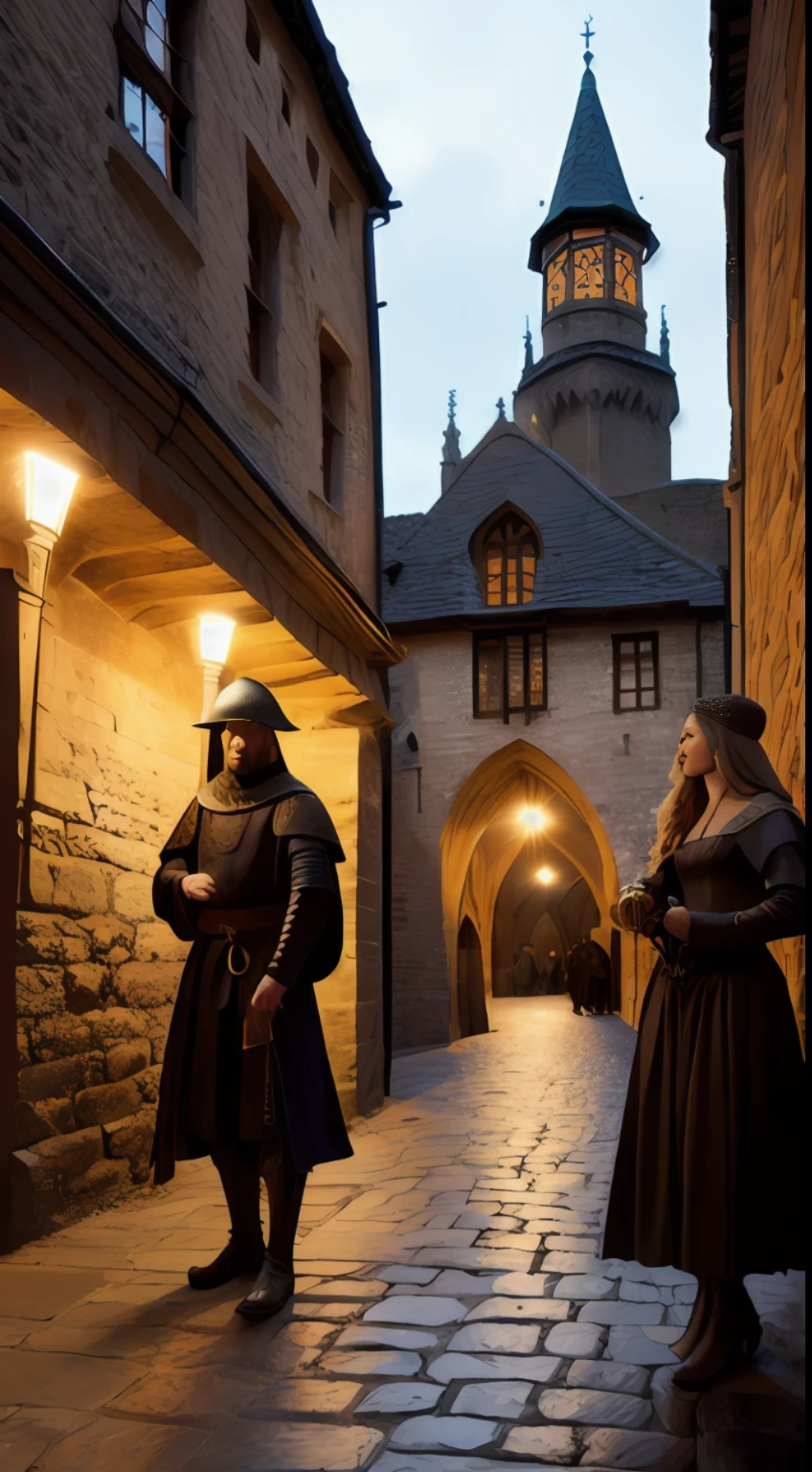 (masterpiece, 8K, UHD, oil painting, photo-realistic:1.3, by Greg Rutkowski), 12th-century medieval brothel, (stunning woman in sexy medieval attire:1.2), inviting medieval passengers, torch-lit alleyway in Southwark, London, late evening hours, (12th-century setting:1.2), flickering shadows, dimly lit ambiance, warm hues, intricate details, realistic style, capturing the allure and secrecy of the medieval underground.