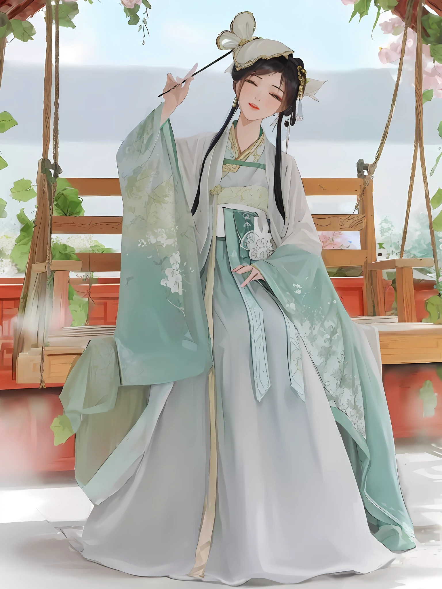 a woman in a green and white dress sitting on a swing, )Hanfu, white Hanfu, wearing ancient chinese clothes, traditional Chinese clothes, palace , girl in Hanfu, with acient chinese clothes, china clothes, ancient chinese princess, tang dynasty, ancient china art style, with ancient chinese aesthetic, chinese dress, chinese style, 8k)), traditional Chinese