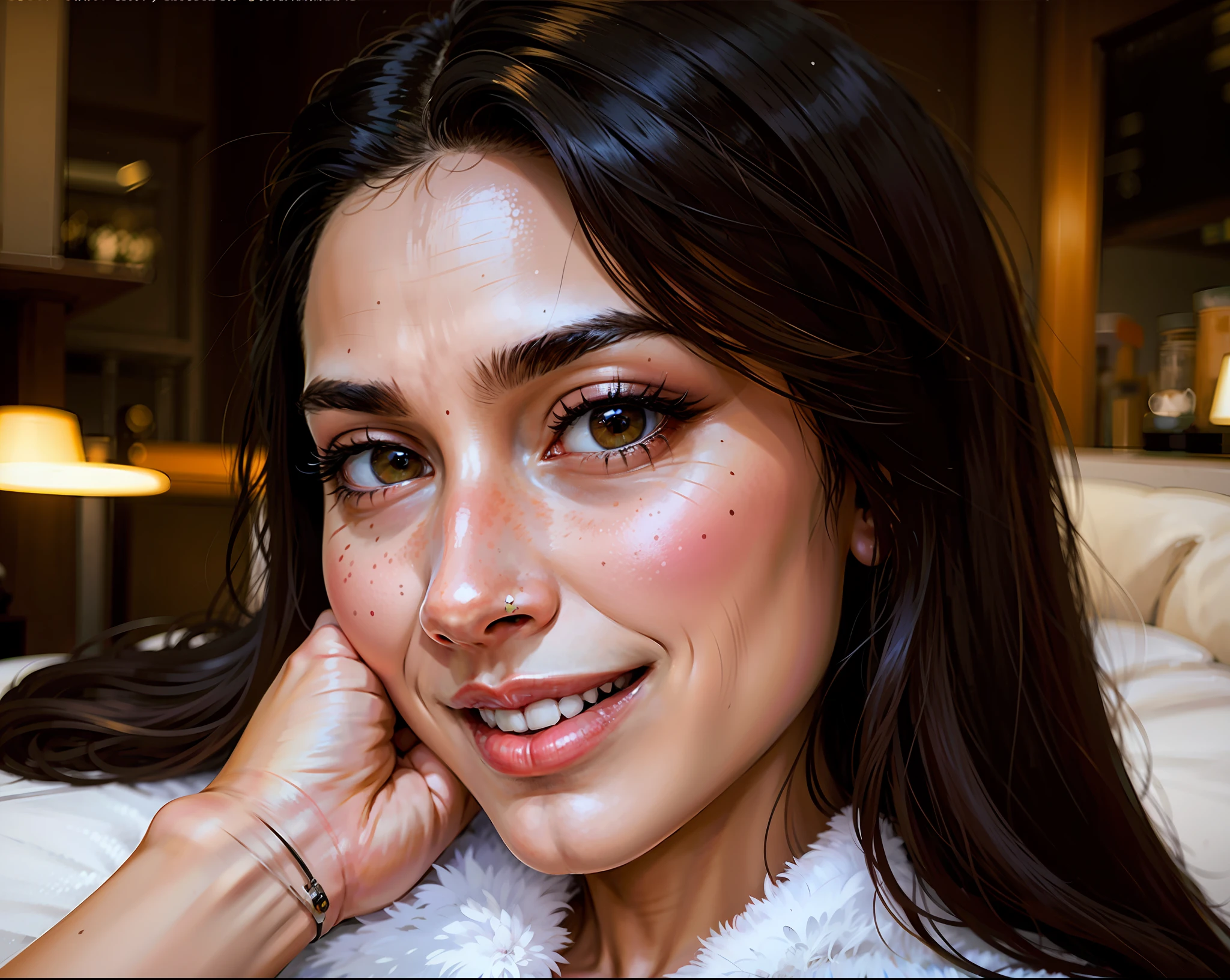 a hyper-realistic portrait of a young woman, under a tree, inside a forest, in the middle of nature, 22 years old, realistic, (lying on her side), sexy, (huge breasts 2:1), short brown hair, (hair tied with bows), curved, SFW