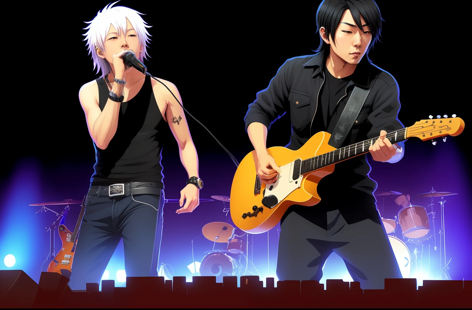 they are playing music together on stage with a microphone and a keyboard, edge to edge, Jiro Matsumoto、Yusuke Murata, scorpions, grd, kissed、, rock star, diva, greg rutkowski and makoto shinka, shinji higuchi and tomoki kyoda, eddie, t - REX, t-REX, by derek zabrocki,Illustrator